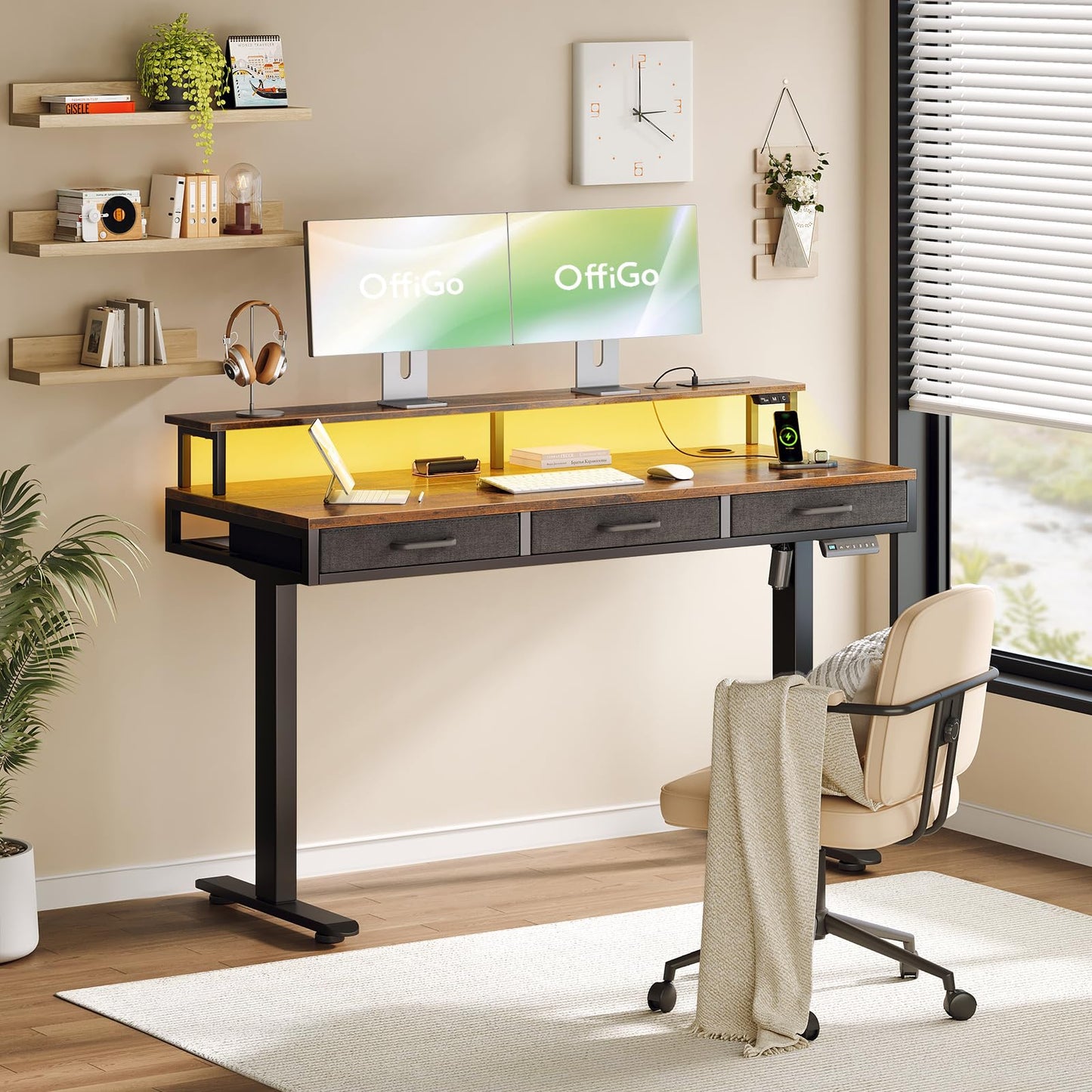 OffiGo Standing Desk with 3 Storage Drawers, 140cm Height Adjustable Desk