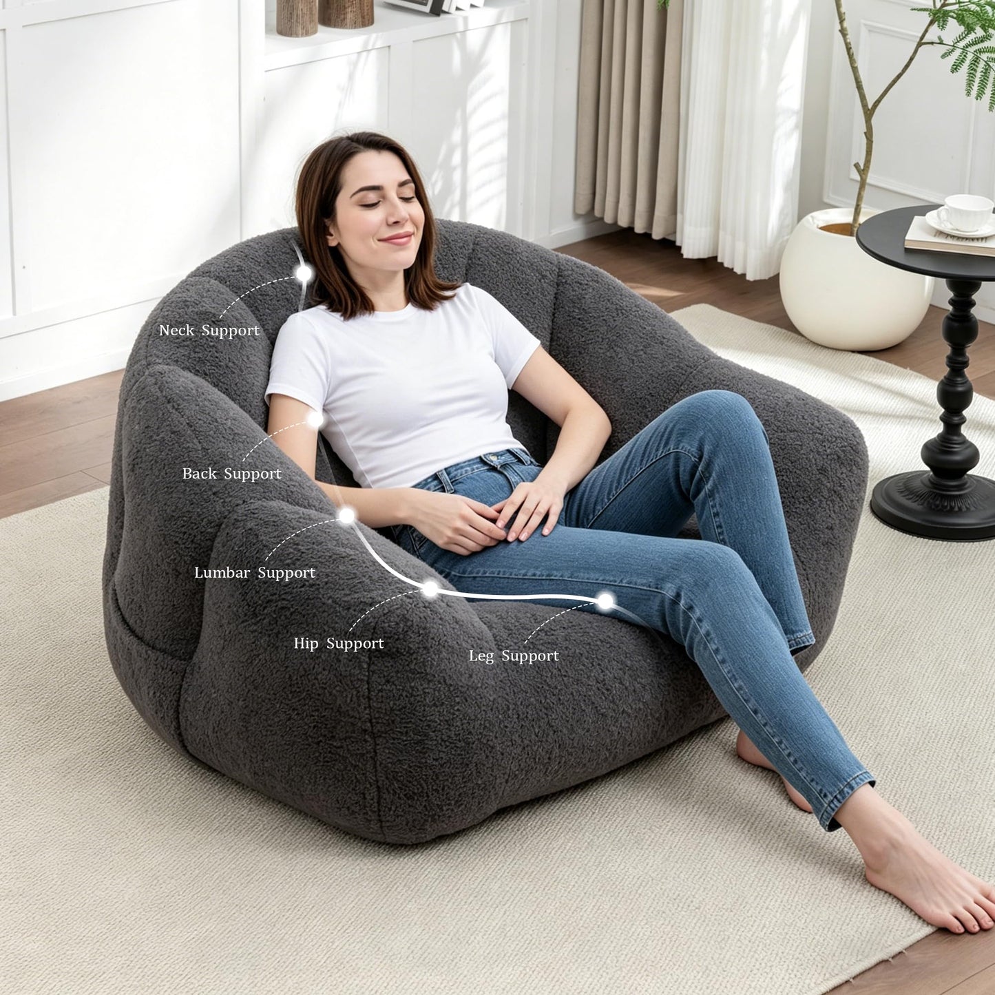 MINCETA Bean Bag Chairs for Adults, Cozy Teddy Bean Bag Chair with Armrest, Oversized Dark Gray Beanbag Chair for Living Room, Bedroom