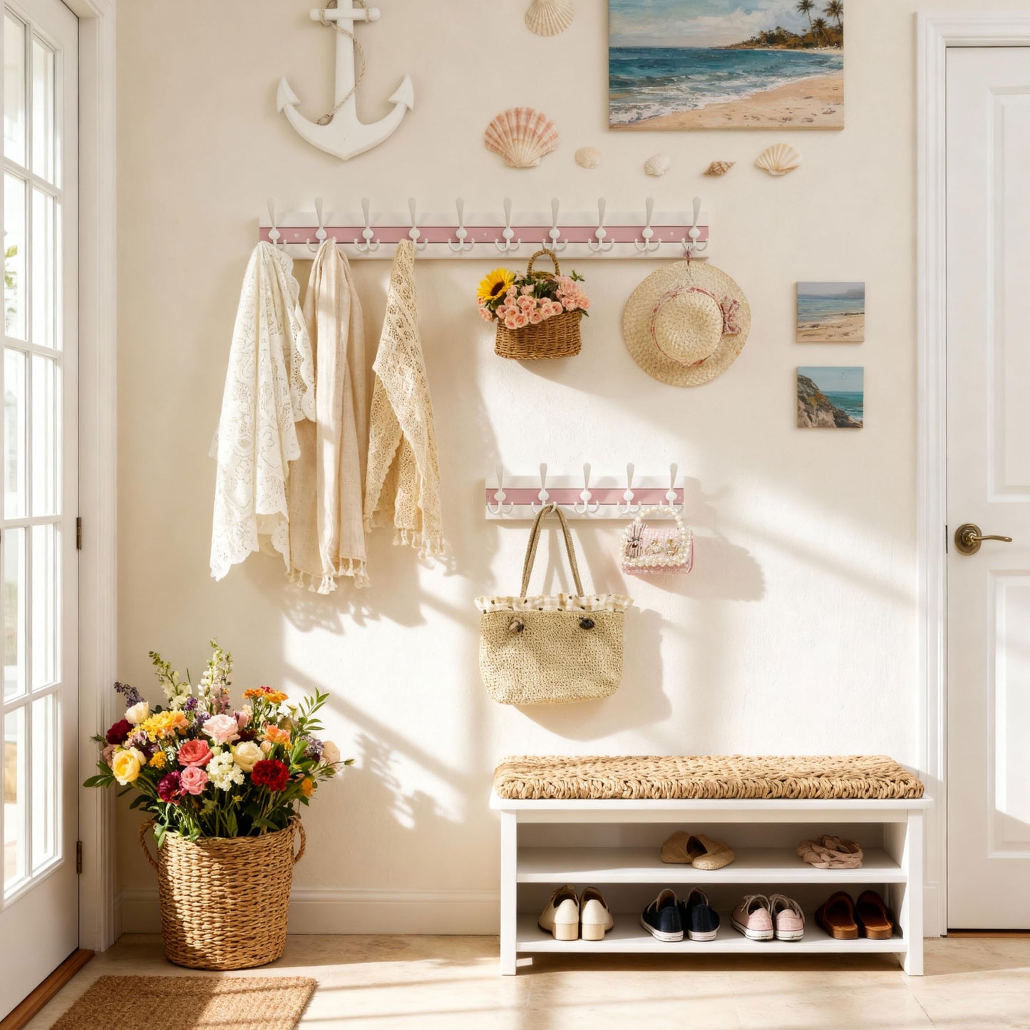 SKOLOO Coastal Wall Mounted Coat Rack-16.88" Beach House Entryway Wooden Coat Hook with 5 Hooks for Hanging Coats, Hats or Towels