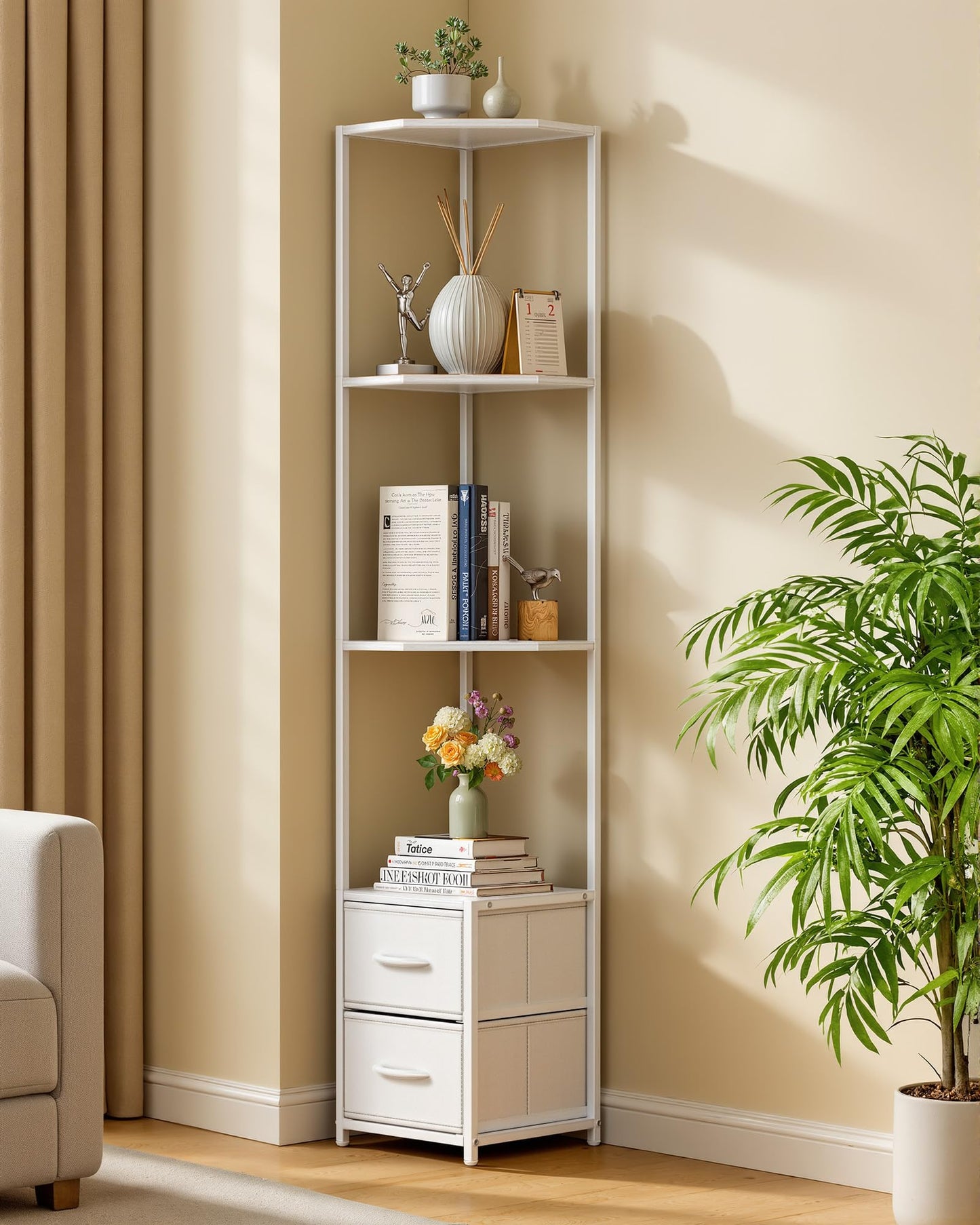 Housolution 6 Tier Corner Shelf Stand with Storage and Fabric Drawers,White