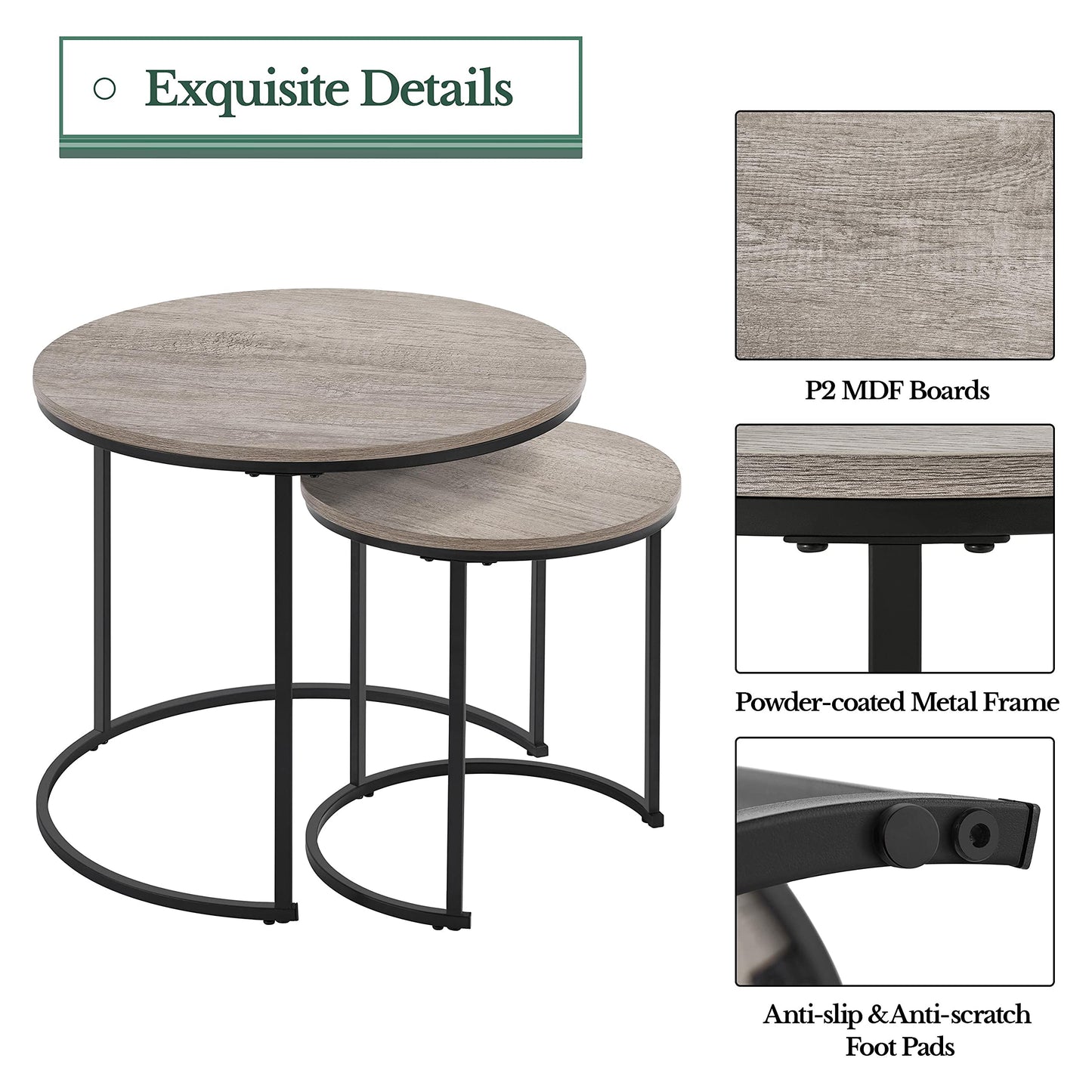 Yaheetech Round Nesting Coffee Tables Set of 2, Grey Wood Effect