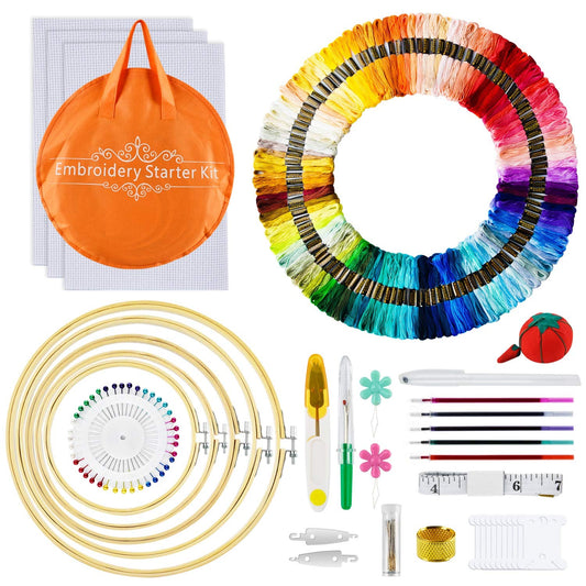 Embroidery Kit,AUERVO Cross Stitch Kits with 120 Skeins Embroidery Threads,5 Bamboo Embroidery Hoops,3 Pcs Aida Cloth,40 Sewing Pins,Starter Kit with