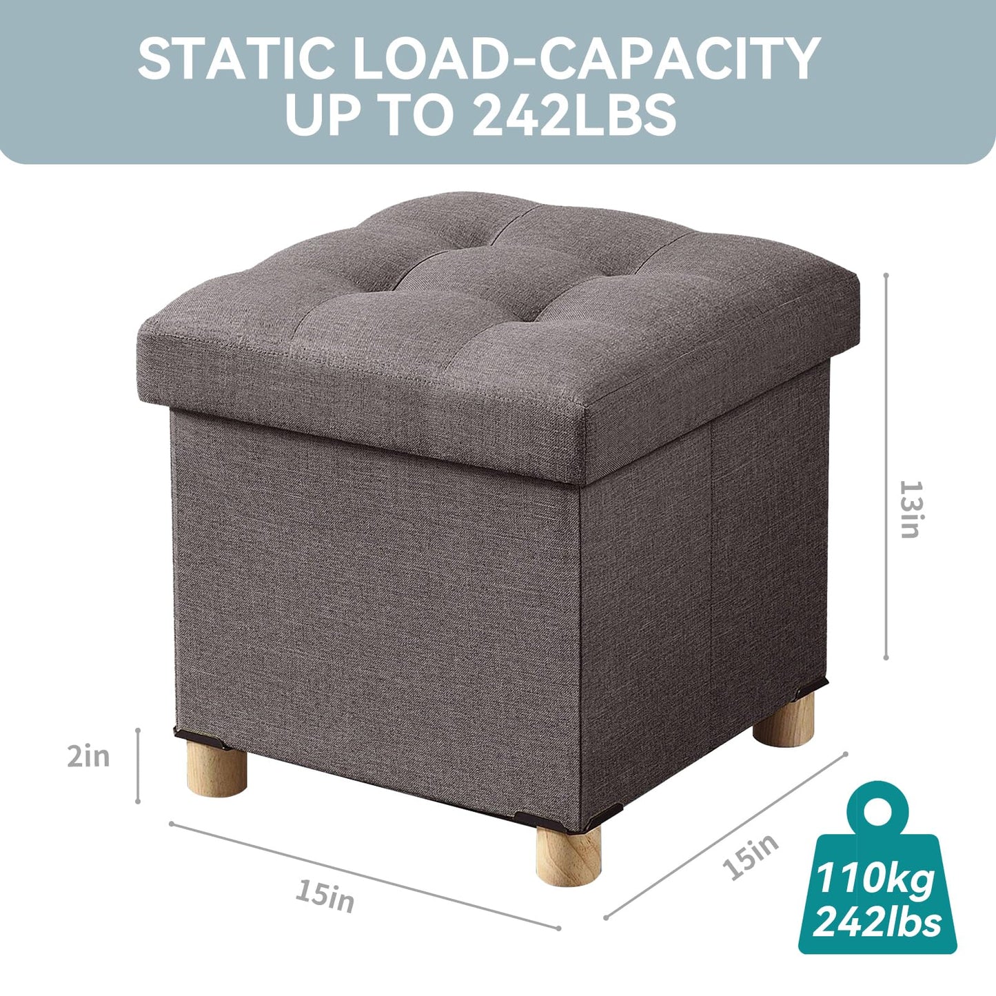 BRIAN & DANY Folding Storage Ottoman with Wood Legs, Linen Foot Stool, Storage Chest with Highly Elastic Sponge Filling, Brown, 38 x 38 x 38 cm