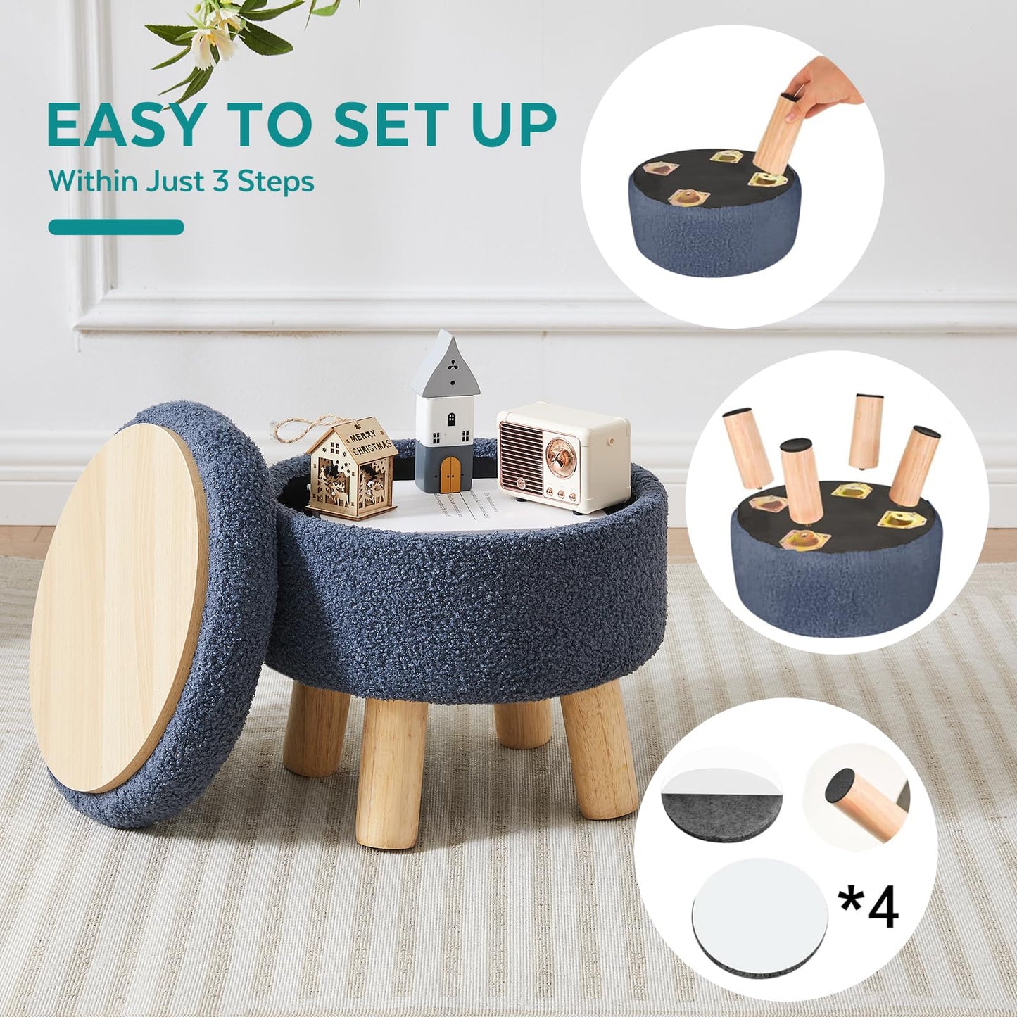 BRIAN & DANY Footstool with Storage, Small Storage Ottoman, Teddy Fleece Round Stool with Lid, Sherpa Foot Stool with Legs for Living Room Entryway