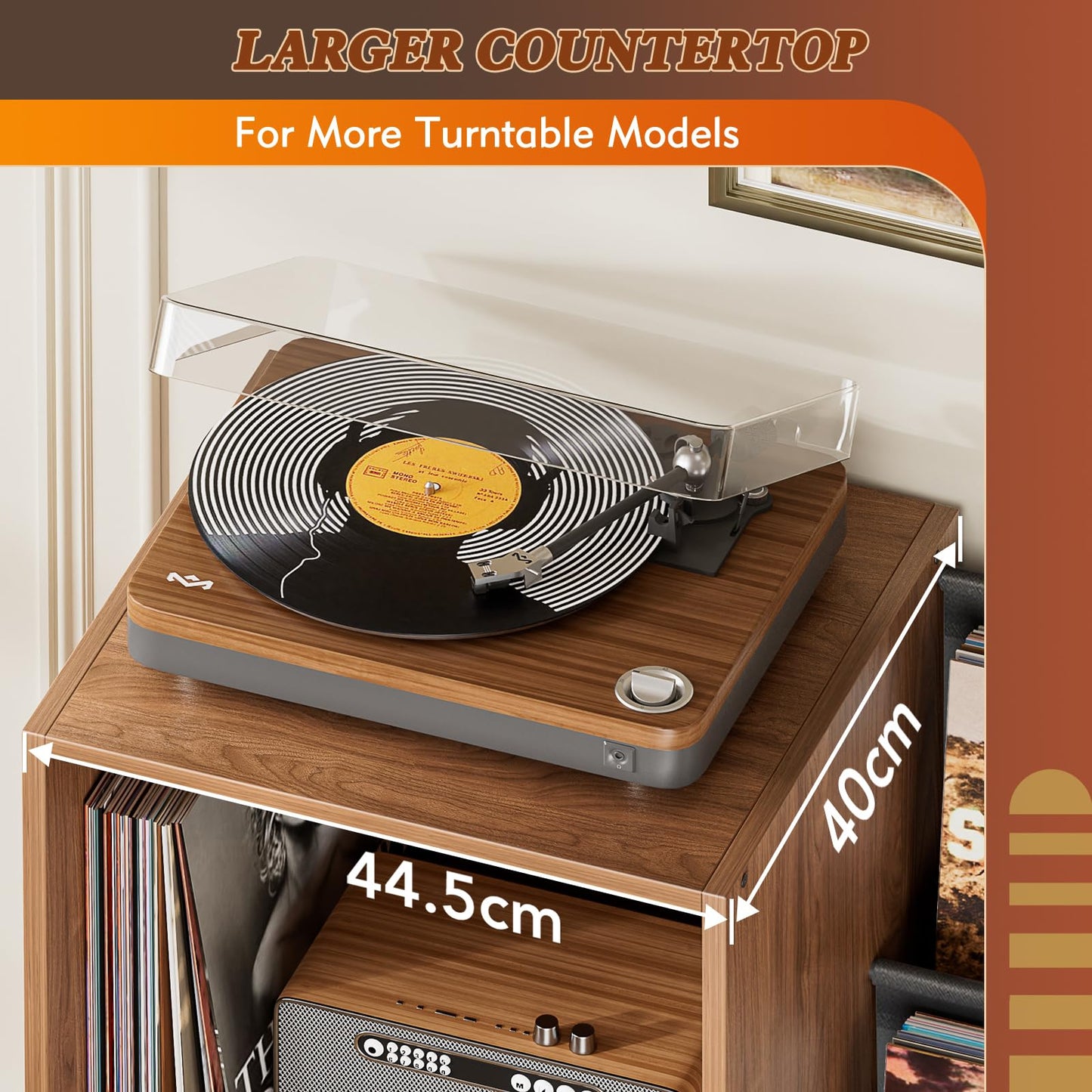 Bikoney Record Player Stand with 3-Tier Vinyl Storage for 220 LPs - Walnut