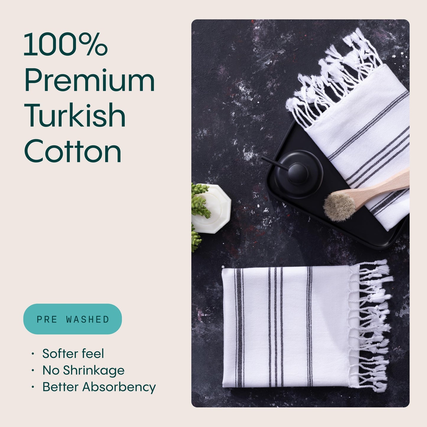 WETCAT Turkish Hand Towels with Hanging Loop, Set of 2 (20" x 30") 100% Turkish Cotton, Pre-Washed, Quick Drying, for Kitchen or Bathroom