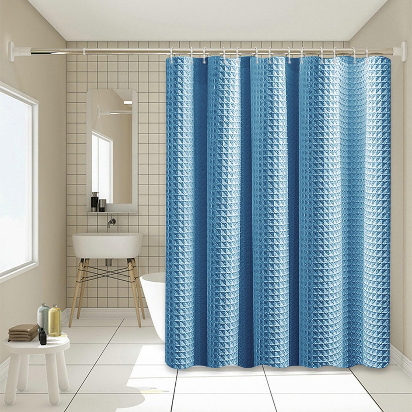 Stfery Shower Curtain Waffle Pattern White Shower Curtain 180 x 200 cm Water-Repellent Fabric Shower Curtain Anti Mould
