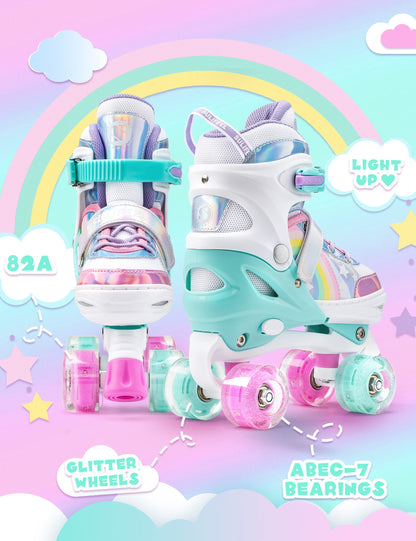 SULIFEEL Rainbow Unicorn 4 Size Adjustable Light up Roller Skates for Girls Boys for Kids - Small 9C-12C UK