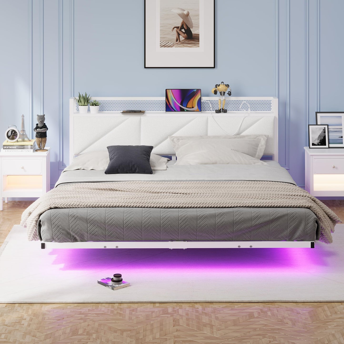 HAHRIR King Bed Frame with Floating Upholstered Storage Headboard, White