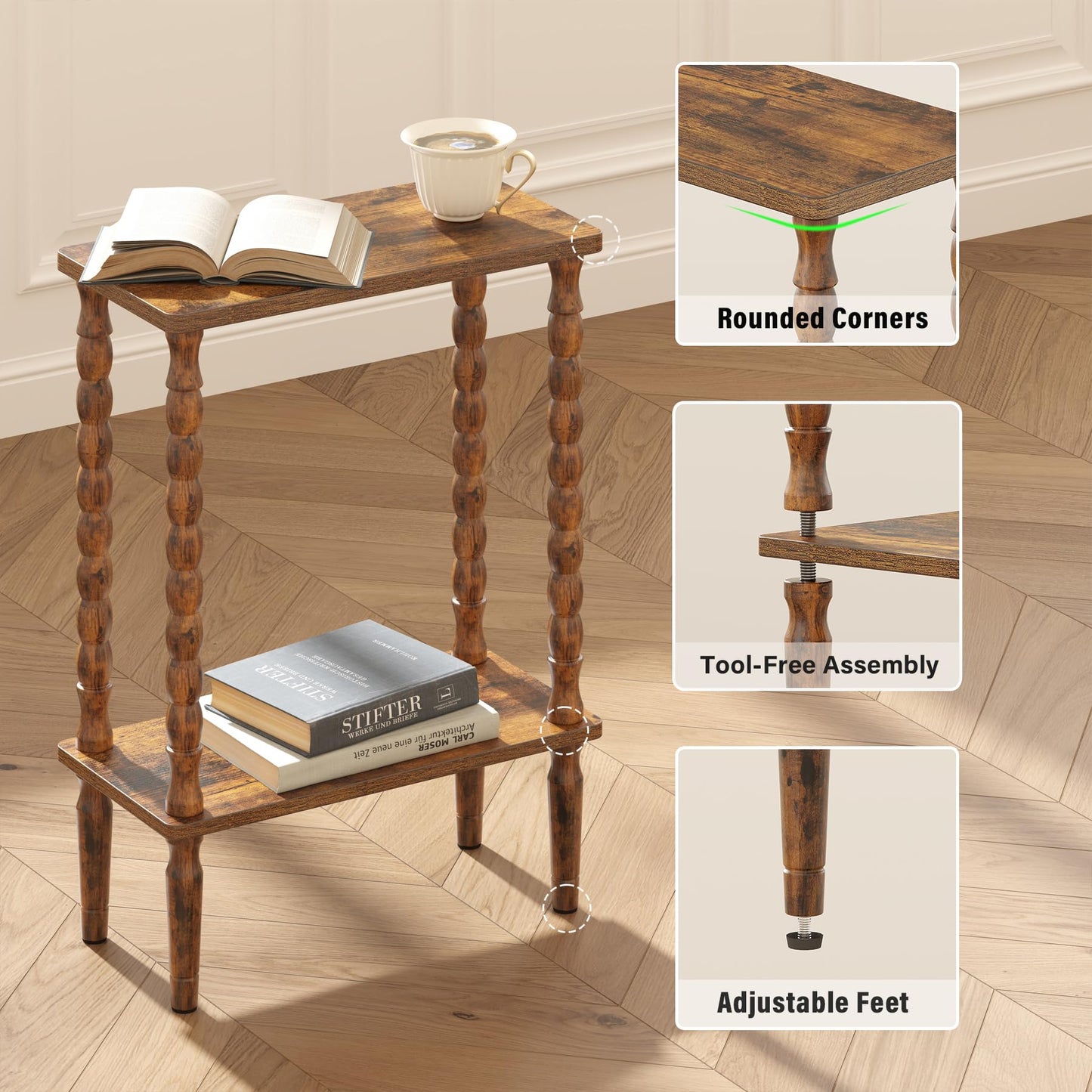 TUTOTAK Narrow Side Table Set of 2, 2-Tier Small End Table with Storage, Slim Skinny Nightstand for Small Spaces, Living Room, Bedrooms