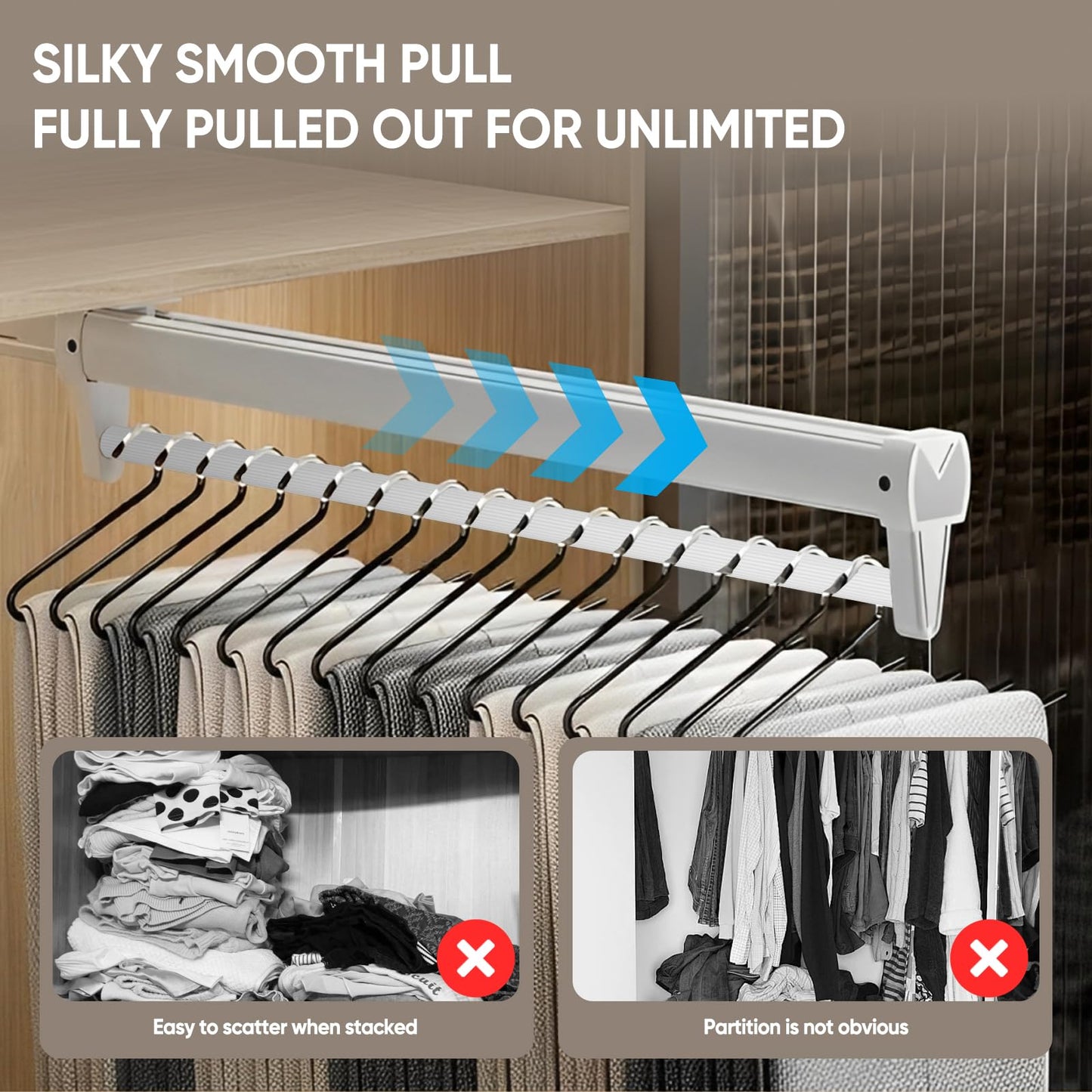 Pull Out Clothes Rail,Wardrobe Pull Out Clothes Rail (26-61CM) Steel Adjustable Clothe Rails For Trousers Clothing Storage, Space Saving (36CM)