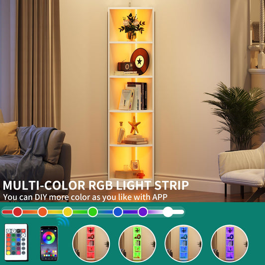 YITAHOME 5 Tiers BookShelf, Corner Bookshelf with LED Lighting, Corner Bookcase Unit, Bluetooth Music Synchronisation, Display Cabinets for Bedroom