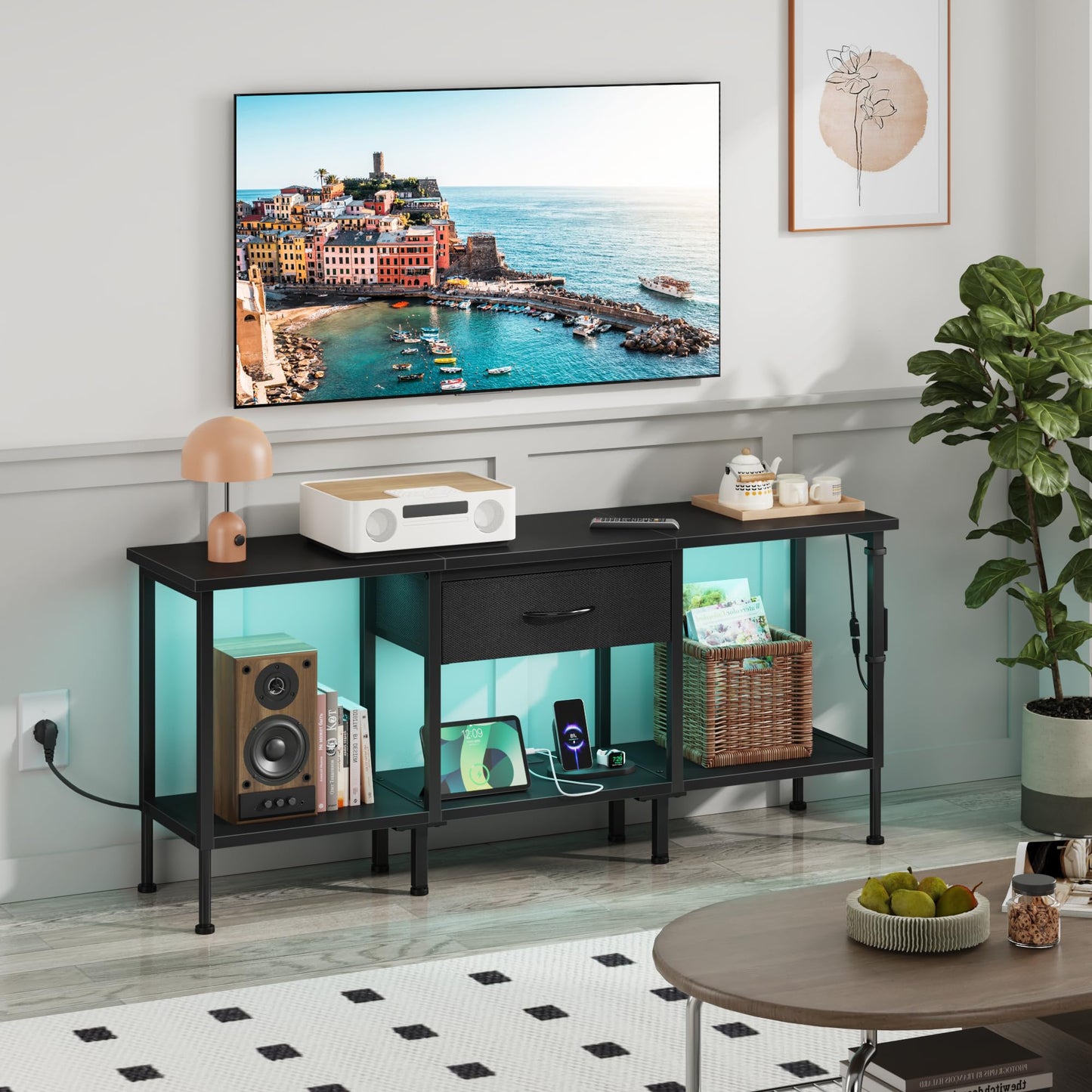 OYRREU TV Stand Cabinet LED for 55 50 Inch, TV Unit with Socket, USB Slots