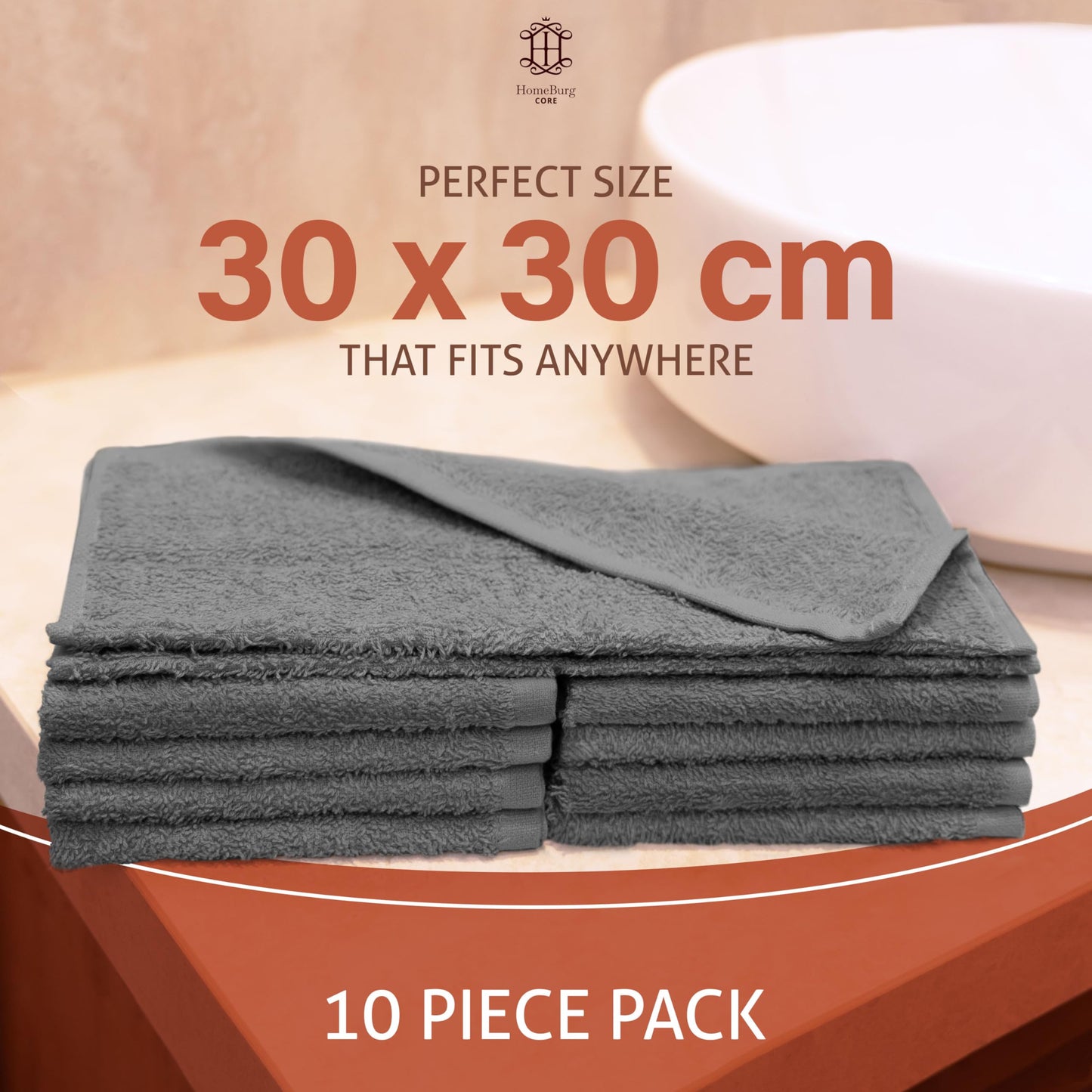 HomeBurg CORE 10-Piece Cotton Washcloths for Bathroom and Kitchen