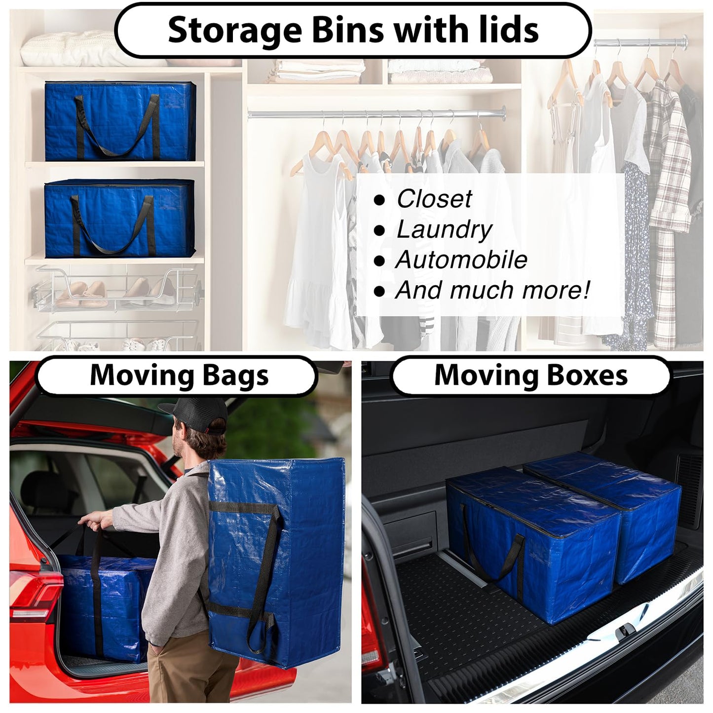 ClearSpace Heavy Duty Moving Bags or Storage Bins with Lids, Blue, 10 Pack