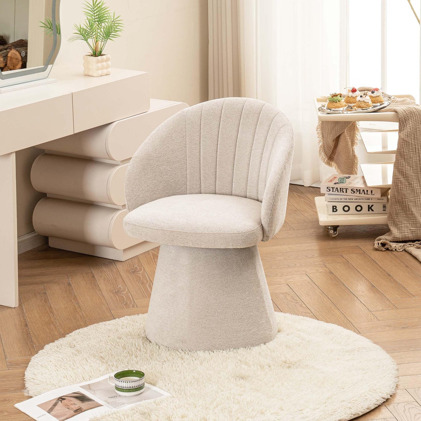 younturn Swivel Chenille Vanity Chair, Modern Upholstered Dressing Table Chair with Armrests, Accent chair with Armrests for Bedroom, Living Room