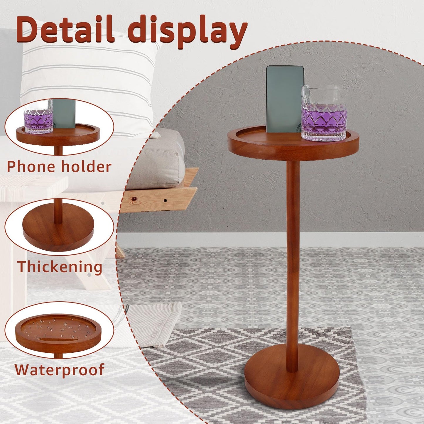 Pedestal Side Table Wooden Small Round Coffee Tables with Phone Holder and Weighted Base Enduring Pedestal End Table Snack Desk for Small Spaces