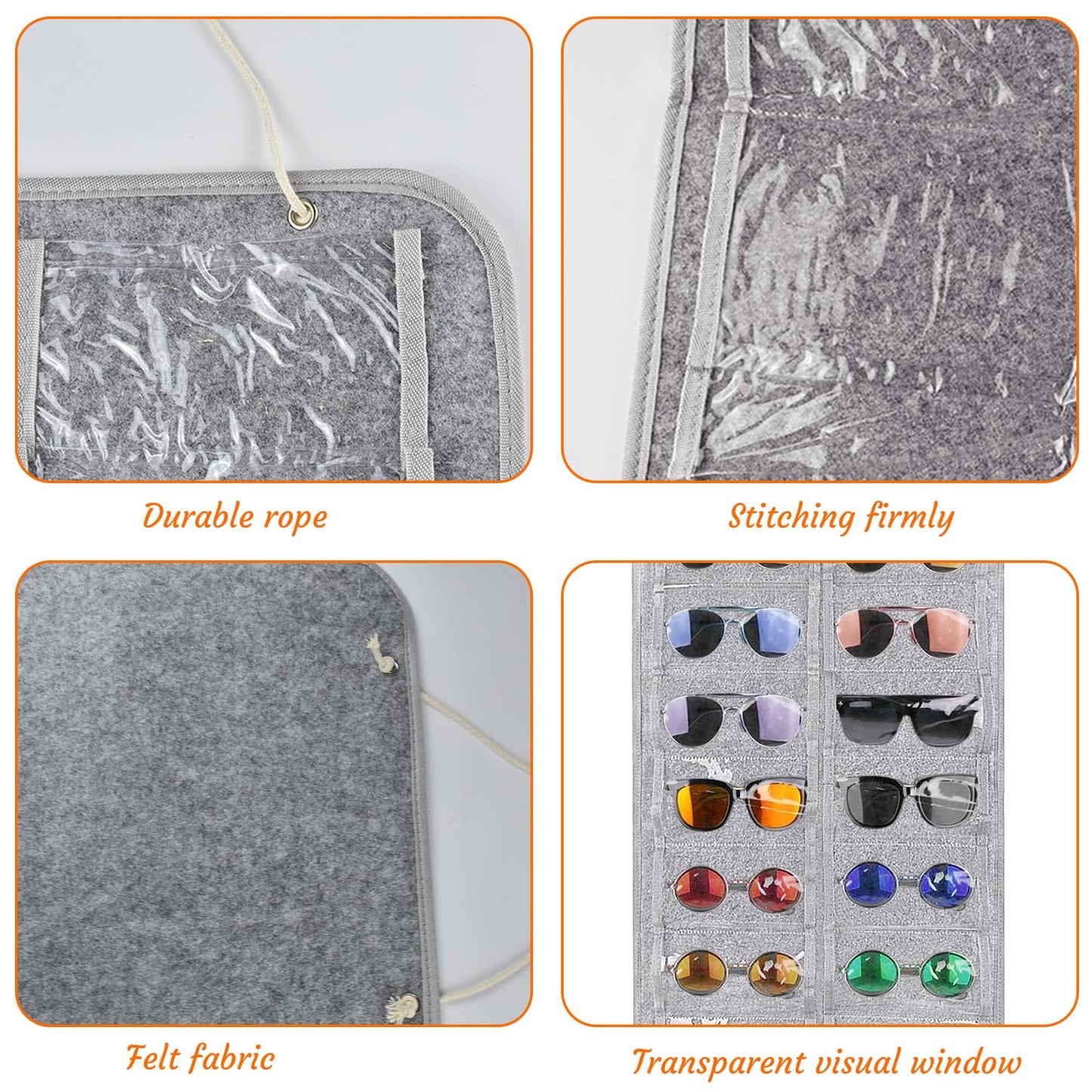 Yunyige Sunglasses Organiser Hanging,Hanging Glasses Storage,Sunglasses Organiser Wall Felt with 16 Pockets for Glasses Storage and Display (Grey)