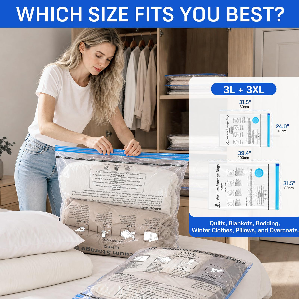 CaptainFive Vacuum Storage Bags 6 Combo 3 Jumbo + 3 Large, Space Saver Sealer Vacuum Bags for Clothes, Pillows, Duvets, Bedding