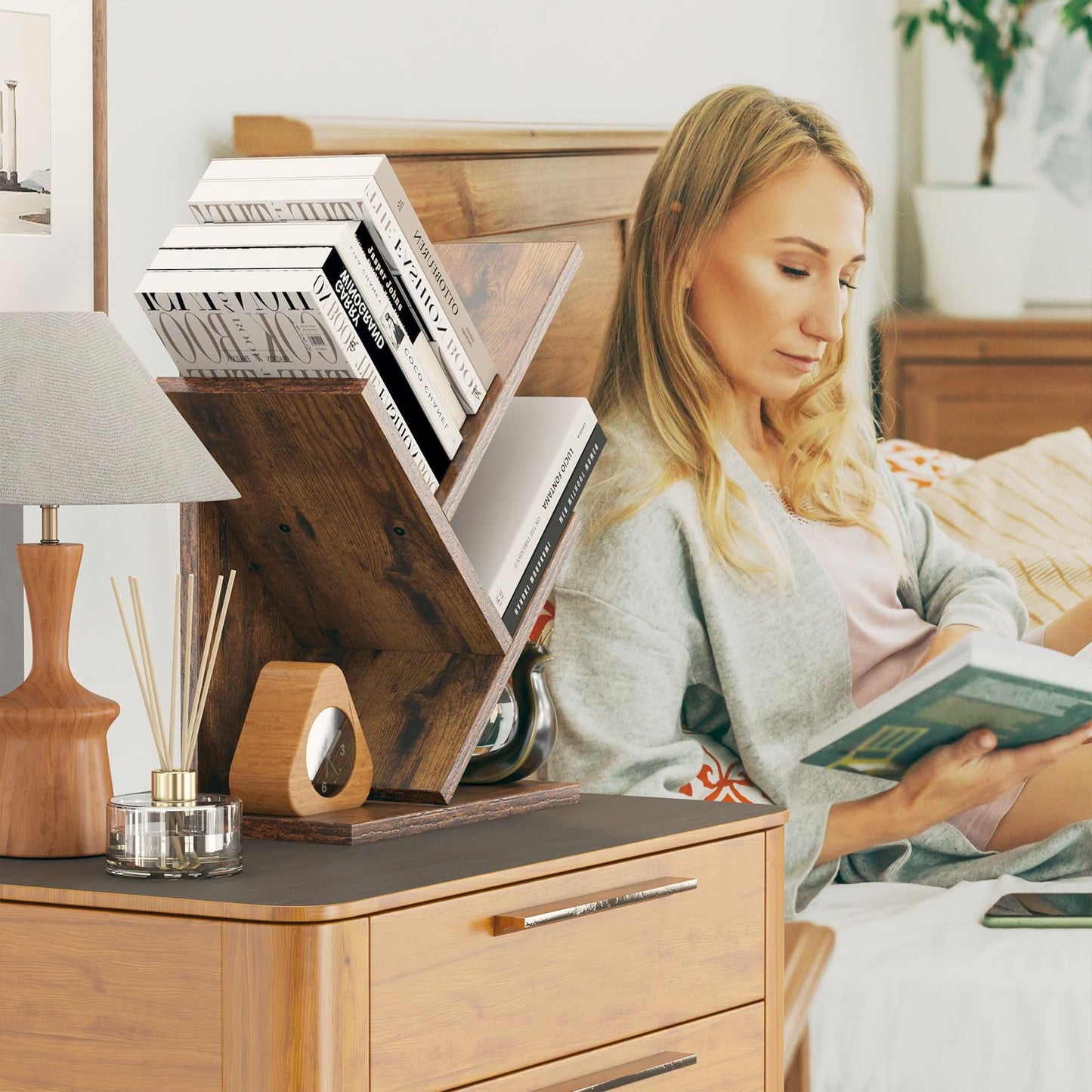 YMYNY 2 Tier Tree Bookshelf, Small Bookcase, Modern Wood Book Storage Rack Organizer, Freestanding Book Shelf for Books/Movies/CDs