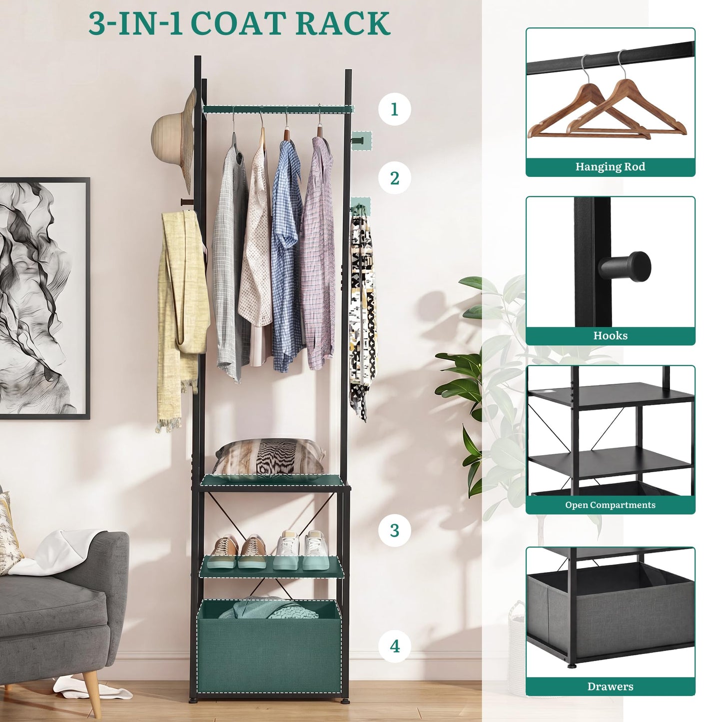 YITAHOME Coat Stand, Clothes Rack Hall Tree with Shelves & Hooks, Grey