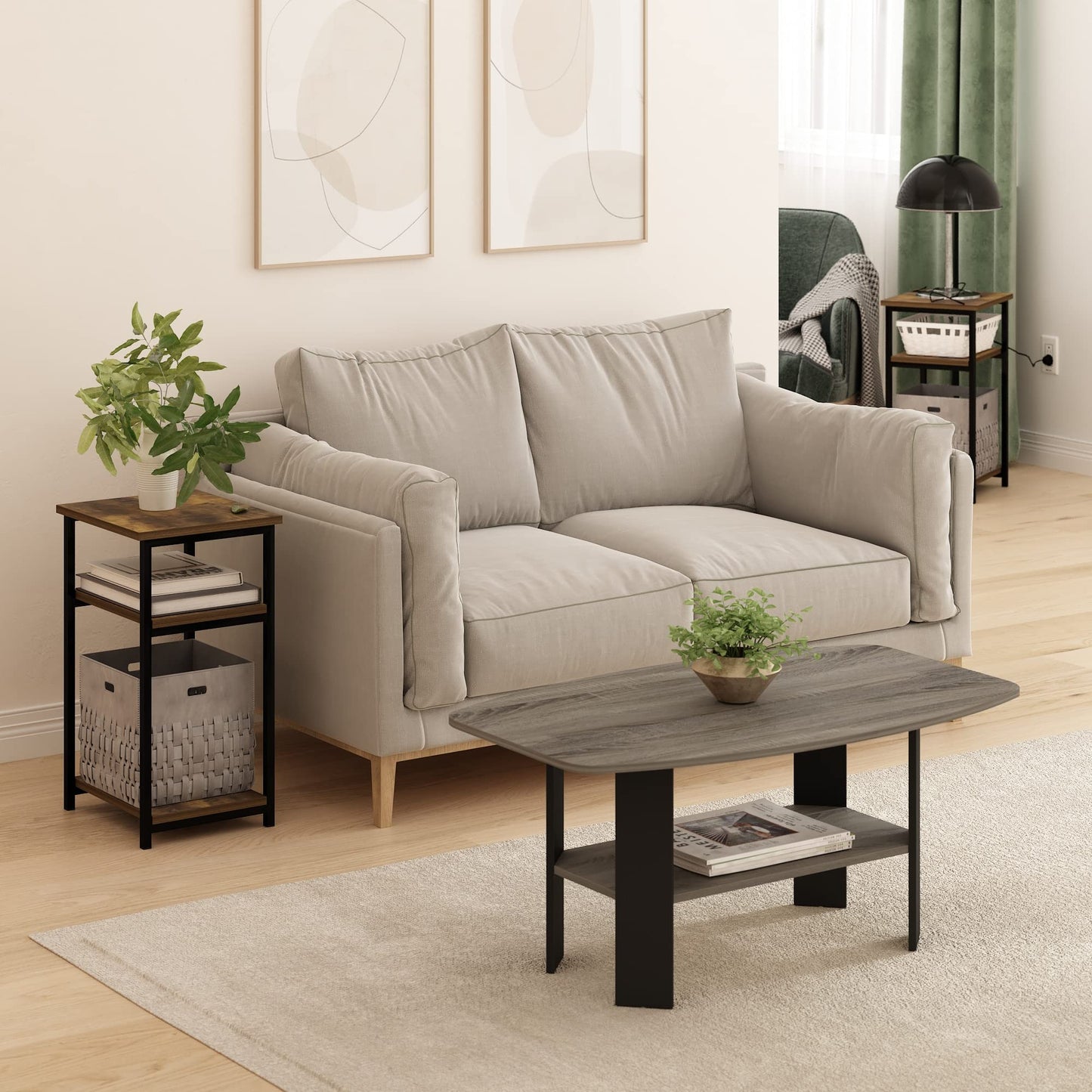 Furinno JUST Side Table Set of 2, 3-Tier Metal Frame End Table with Open Shelf, Night Stand, Bedside Table, for Living Room, Bedroom, Amber Pine