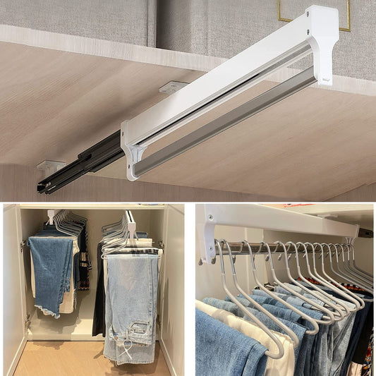 Pull Out Clothes Rail, Adjustable Pull Out Hanger Rail Rod for Wardrobe Trousers Clothing Storage, Space Saving, Load 25kg (White 397mm)
