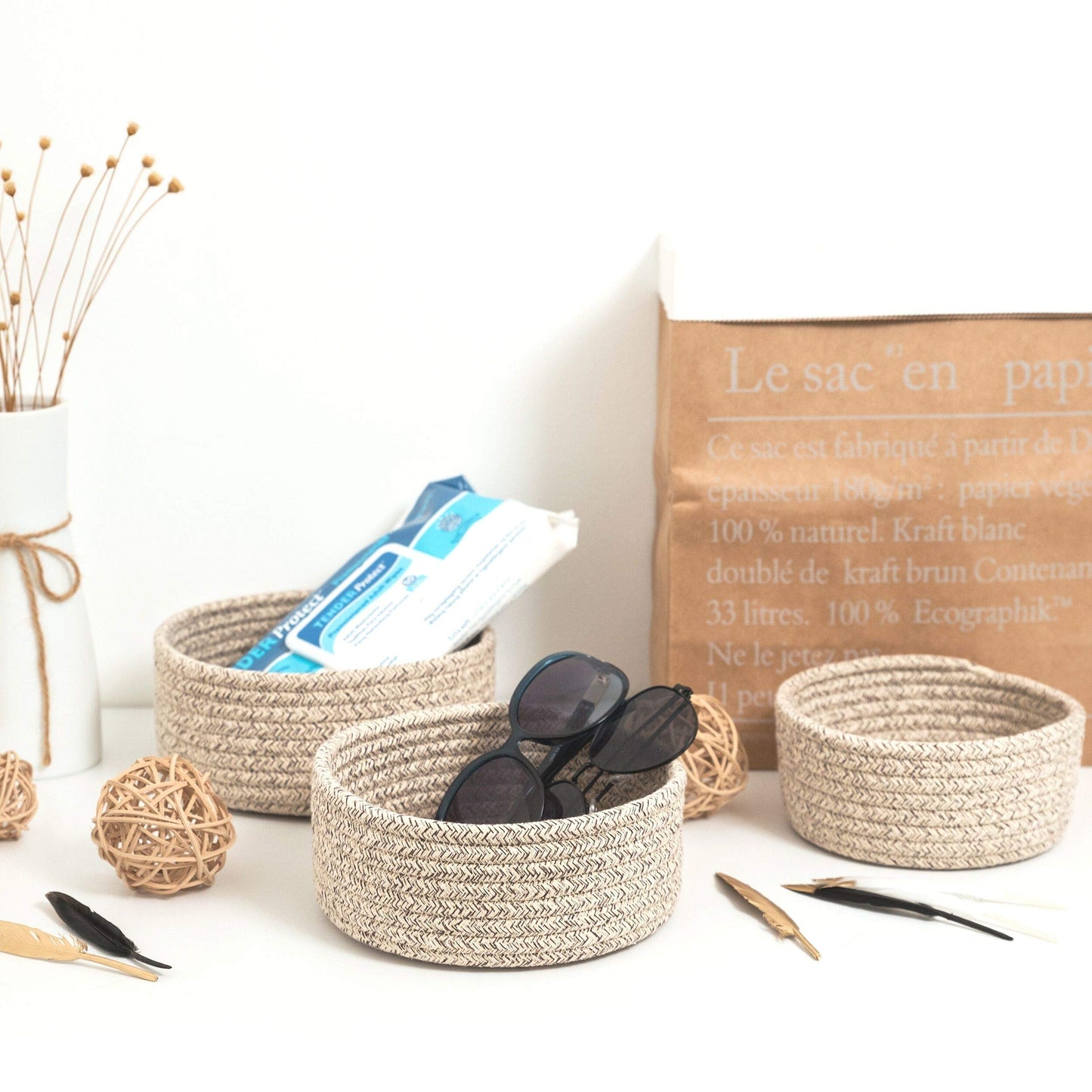 MINTWOOD Design Set of 3 Cotton Rope Nesting Bowls, Small Catch All Basket, Cute Closet Baskets and Bins for Shelves
