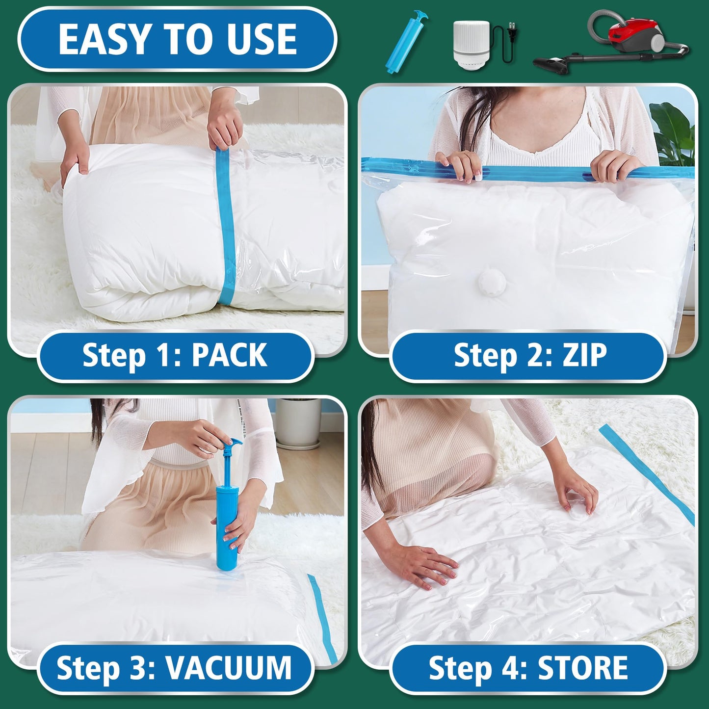 Oumaru Vacuum Storage Bags for Clothes, Vacuum Bags, Space Saver Bags for Clothes, Duvets and Pillows, Hand Pump Included, Pack of 10, Jumbo Size