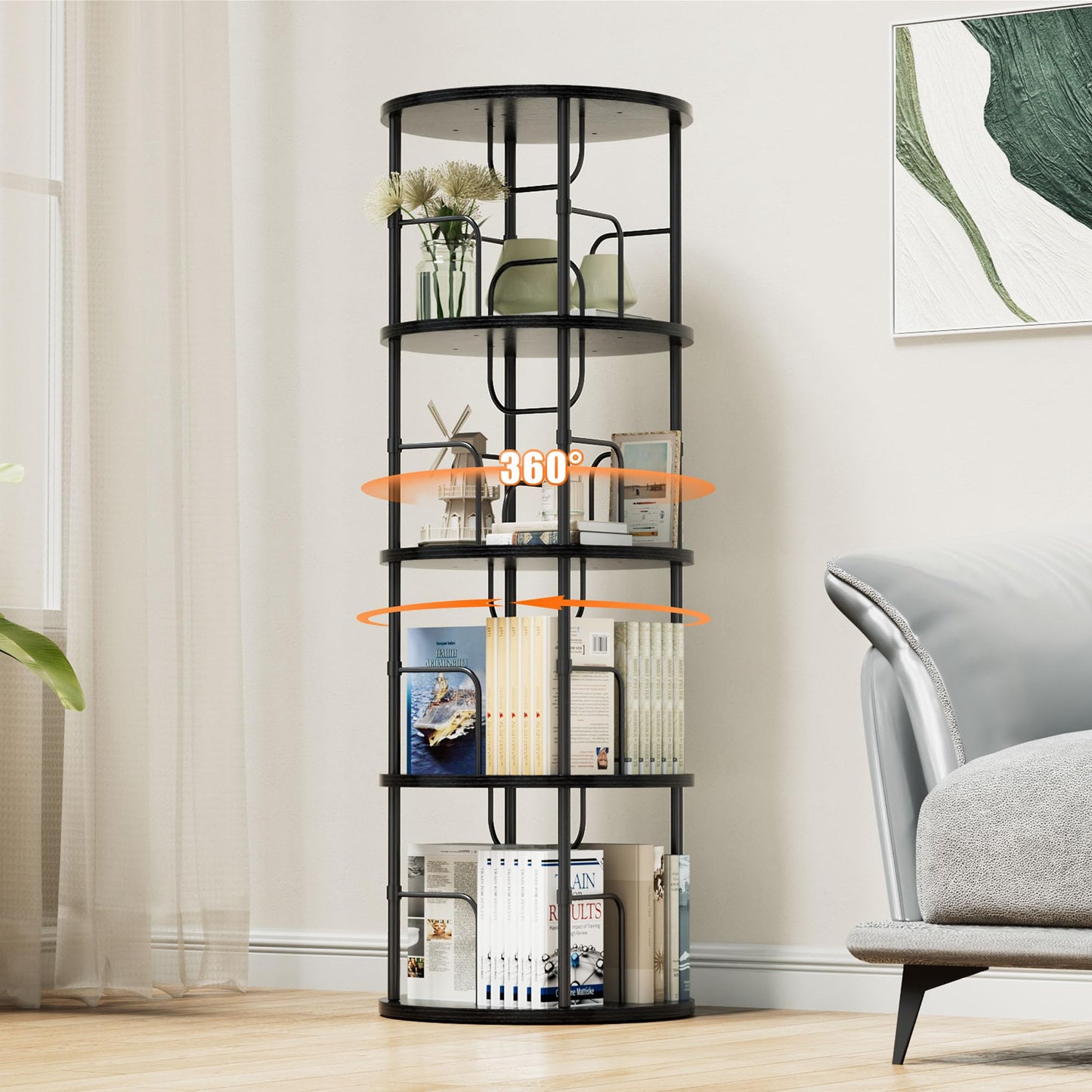 OCTORO 4 Tier Rotating Bookshelf, 360° Corner Bookshelf Tower, Round Revolving Bookcase with Adjustable Levels, Spinning Book Shelf for Home Office