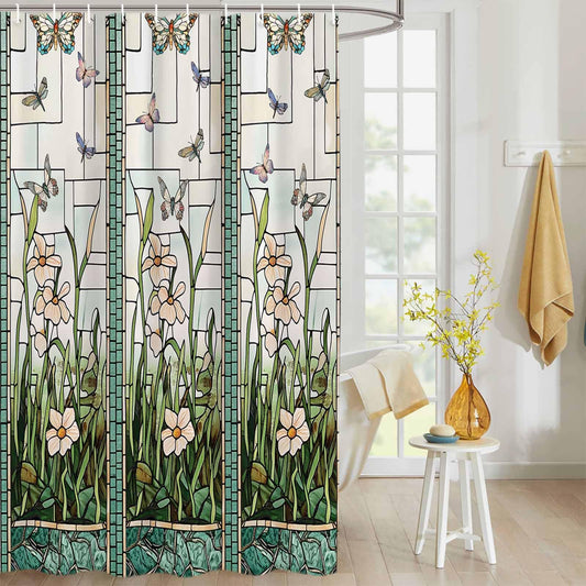 EZON-CH Waterproof Shower Curtain Stained Glass Meadow Flower Dragonfly Print Polyester Fabric Bath Curtain Home Hotel Apartment Bathroom Shower