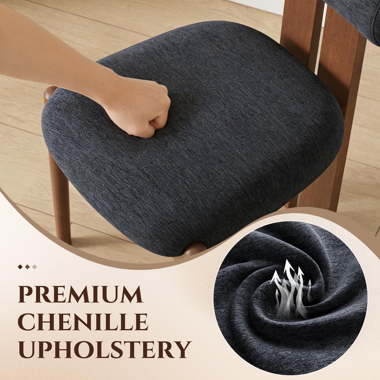 Dining Chairs Set of 2, Dining Room Chairs Upholstered Chenille Fabric, Wooden Kitchen Chairs with Padded Seat & Solid Wood Frame