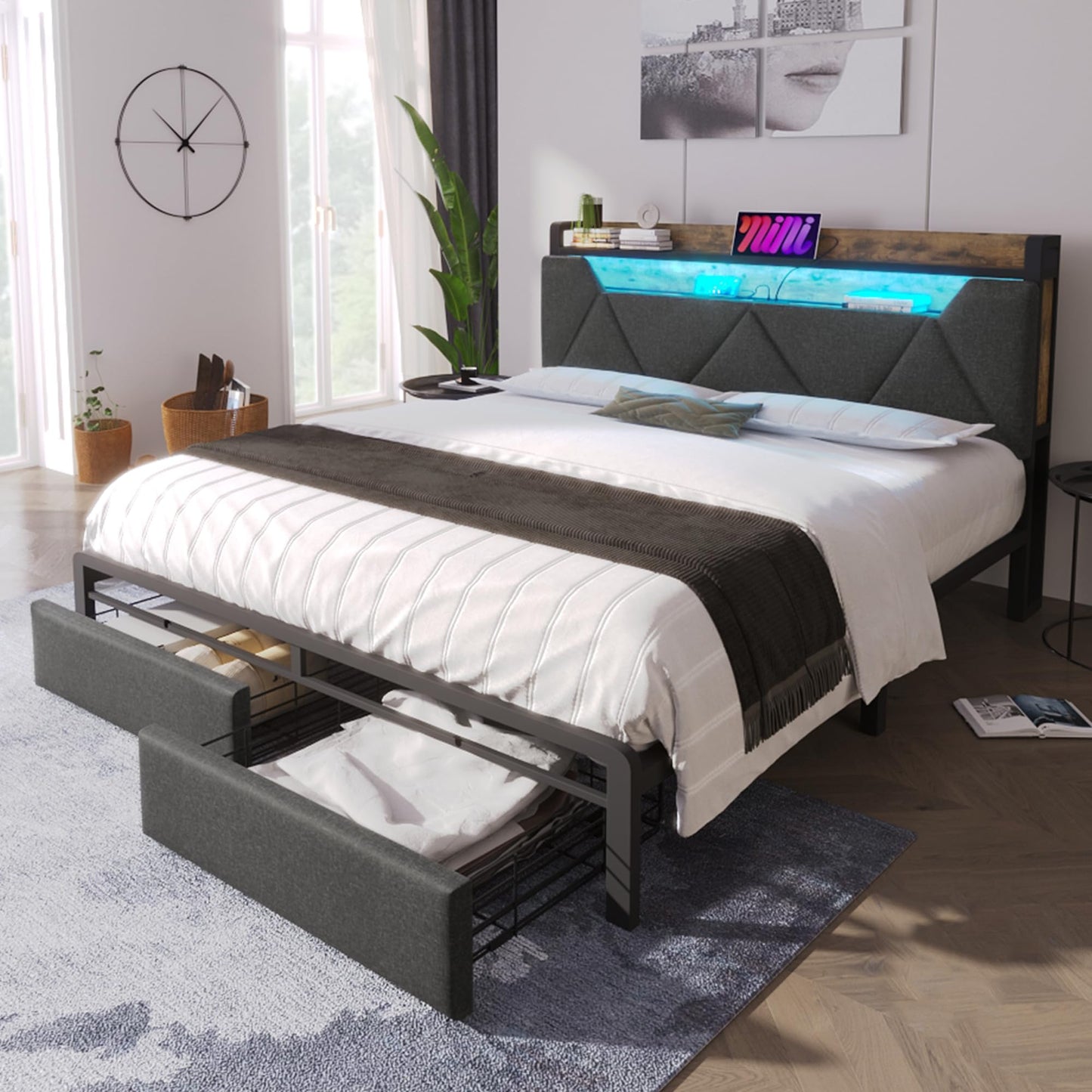 Merax 4FT6 Upholstered Bed Frame with Hidden Storage Headboard and Drawers, Stylish Double Bed with LED Lighting and USB Type-C Charging Function,