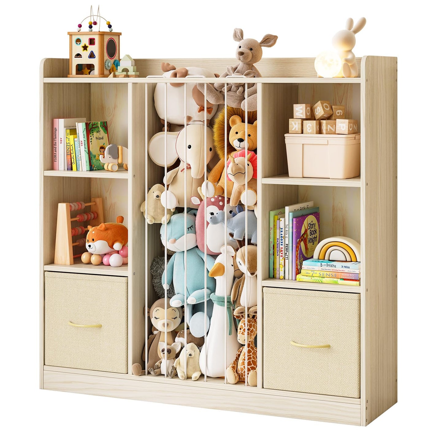 EXPERLAM Toy Storage Organizer with Stuffed Animal Storage, Wooden Toy Organizer & Stuffed Animal Zoo, 6 Cubes Shelf with Removable Drawers