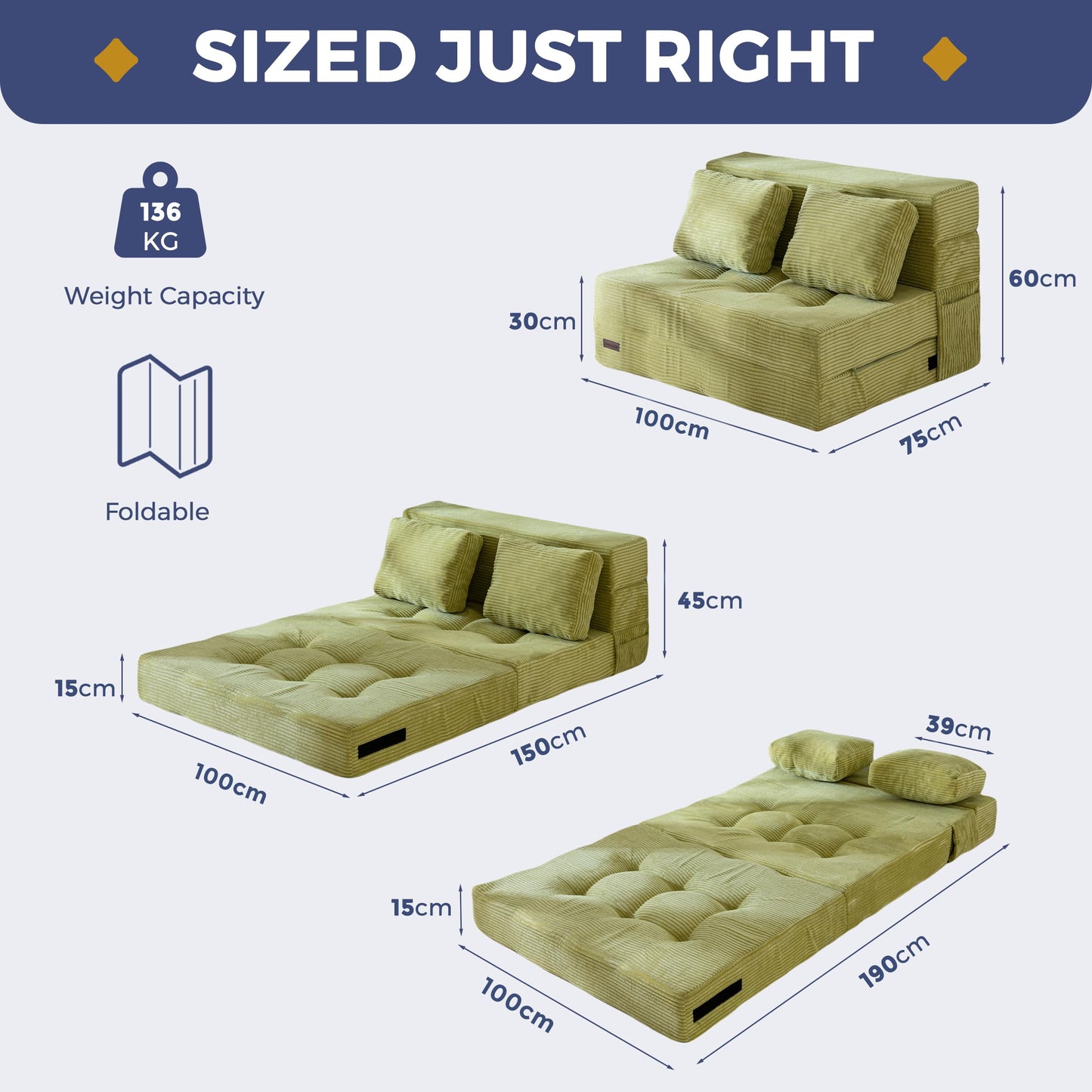 MAXYOYO Folding Foam Sofa Bed, Tri-Fold Mattress with 2 Pillows, Convertible Sofa Chair Futon Z Bed with 15cm Thincken Foam