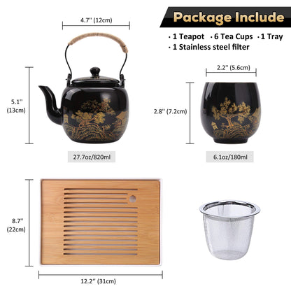 Dujust Japanese Tea Set, Black Porcelain Tea Set with 1 Teapot Set, 6 Tea Cups, 1 Tea Tray, 1 Stainless Infuser, Beautiful Asian Tea Set for Tea