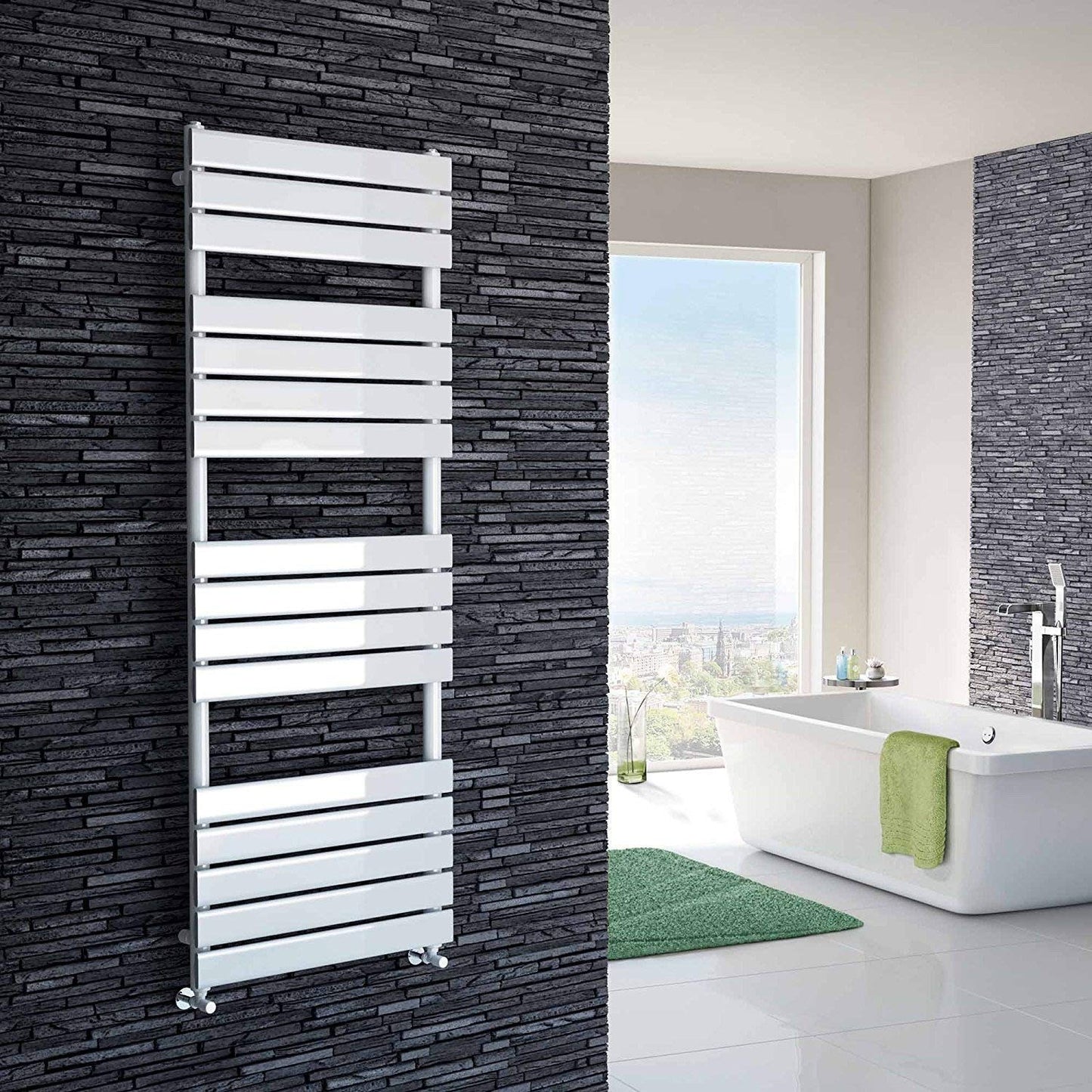 iBathUK Zerith Wall Mounted Flat Panel Heated Towel Rail, 16 Column Slim Flat Steel Hydronic Central Heating High Thermal Output Designer Bathroom