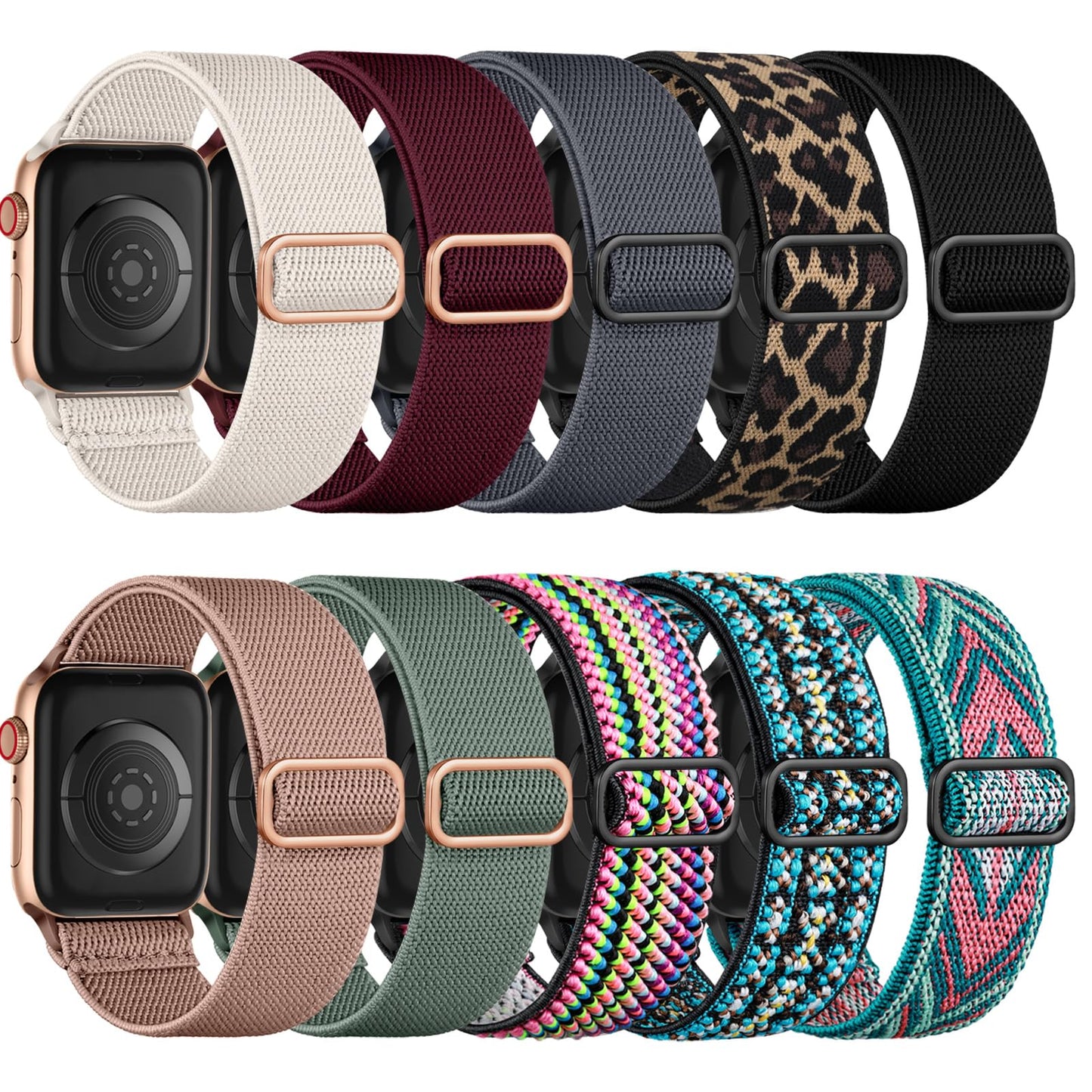 Maledan 10 Pack Elastic Nylon Strap Compatible with Apple Watch Straps 44mm 45mm 46mm 49mm 42mm Women Men - Stretchy Nylon Sport Loop Band for iWatch