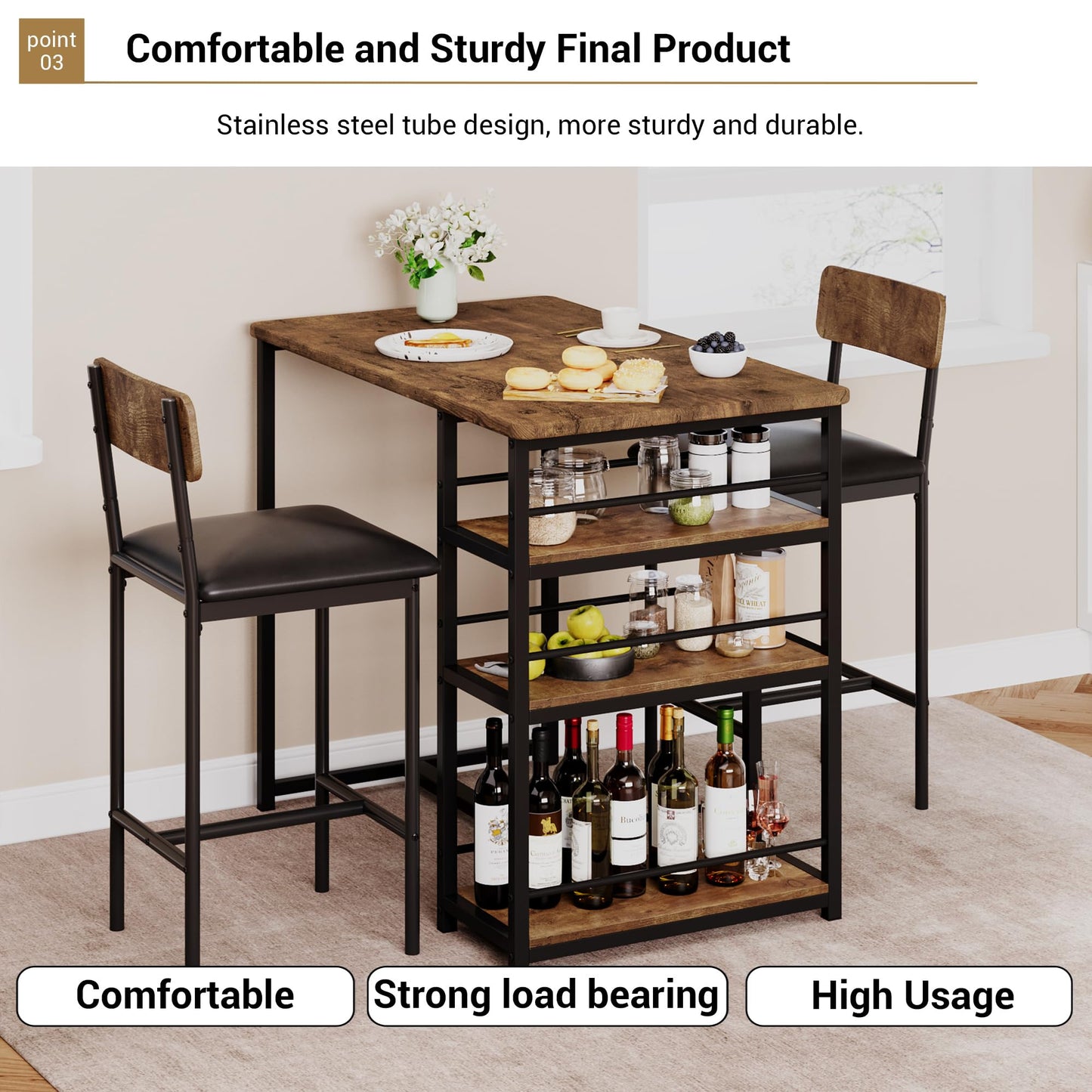 Techigher Bar Table Set, Dining Tables with 2 Upholstered Chairs, 3 Piece Counter Height Kitchen Table Set with 3-Tier Storage Shelves
