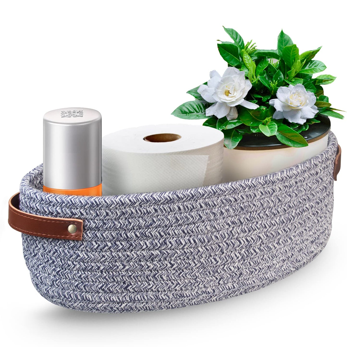 AmapleL Toilet Tank Topper, Small Cotton Rope Woven Storage Basket, Toilet Paper Holder with Handles, 13"x5.9"x4" Blue