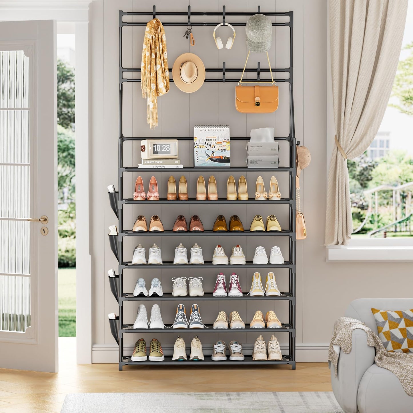 OYREL 7 Tier Shoe Rack with 8 Hooks & 4 Side Pockets for 28-35 Pairs Shoes