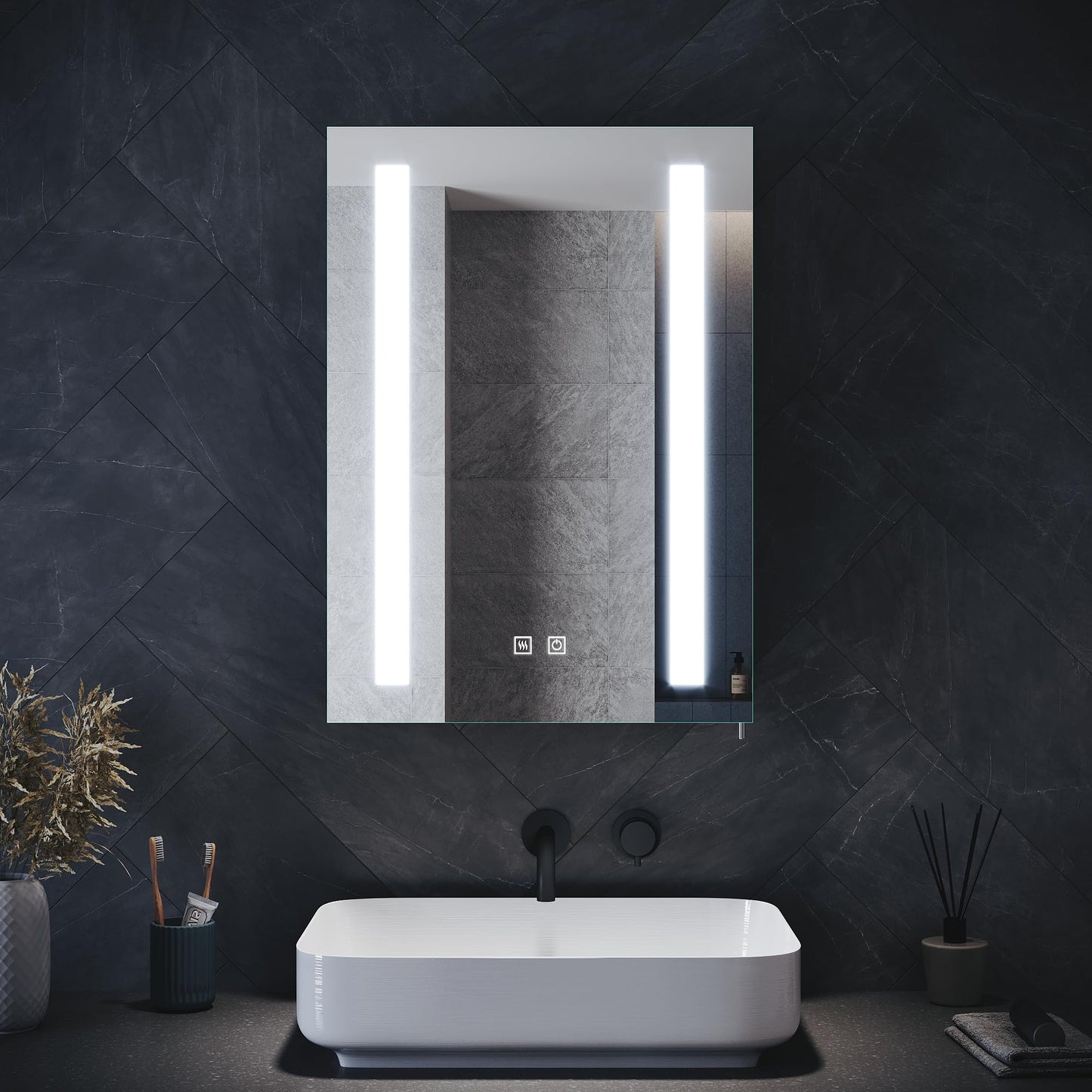 ELEGANT Illuminated Bathroom Cabinet with Shaver Socket, Built-in LED Light Strip, Demister Pad, Slow Close Hinge, Adjustable Shelves