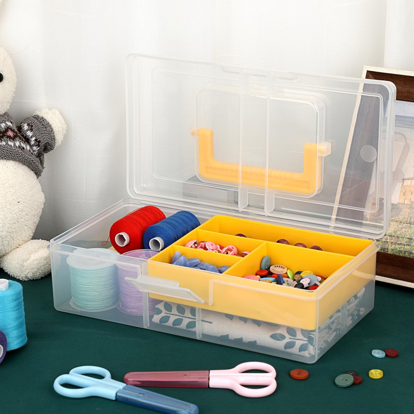 IGNPION Craft Storage Box with Removable Tray Small Plastic Tool Box Yellow