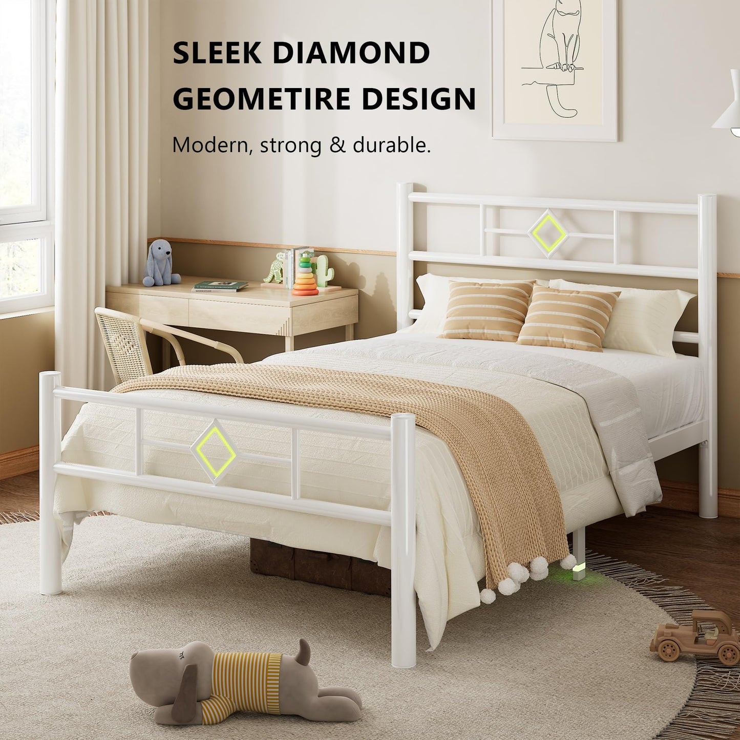 Feonase Single Bed Frame with Headboard and Footboard, Metal Platform Bed Frame Single with Underbed Storage, Solid Metal Slats Support