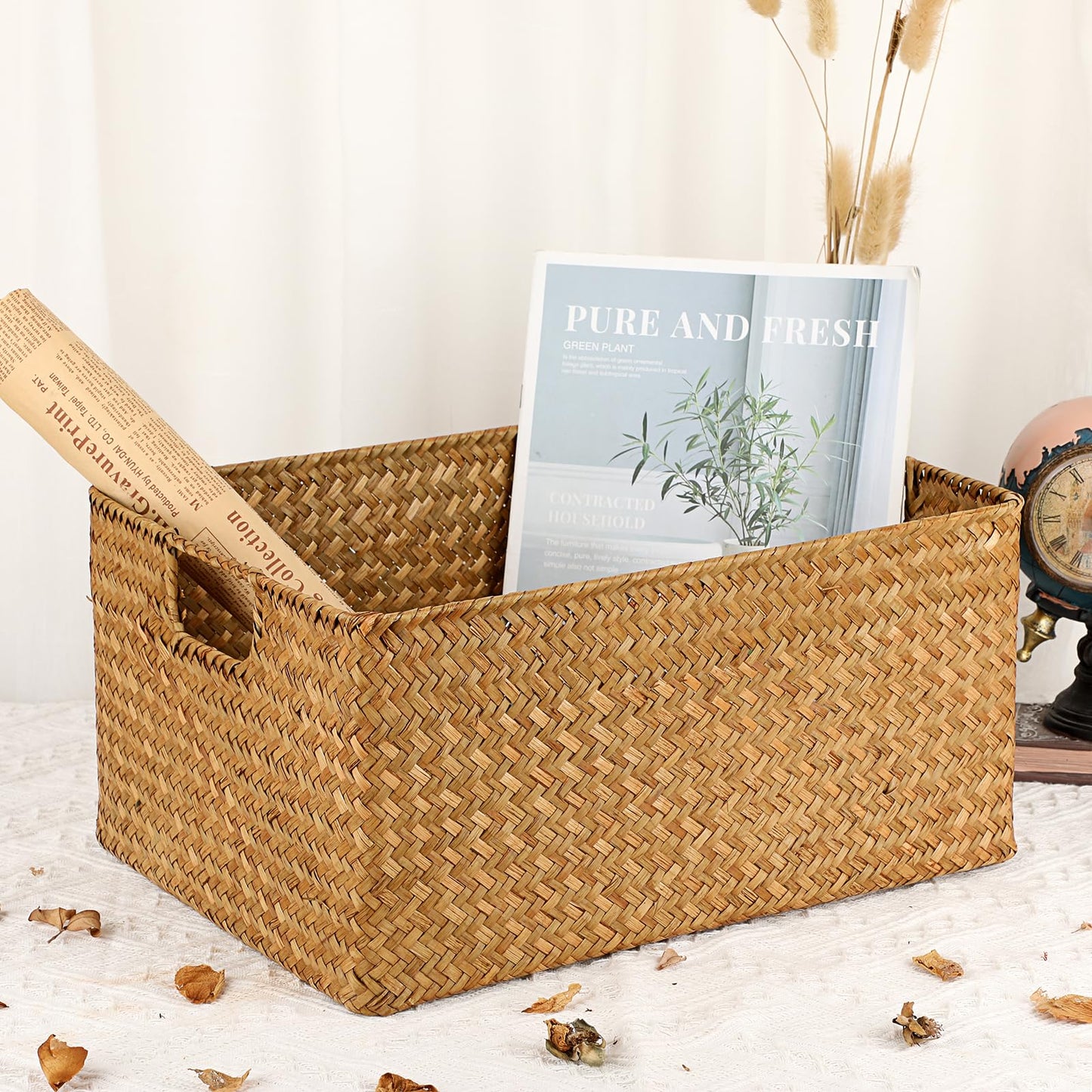 IGNPION Seagrass Storage Opened Basket Living Room Decorative Baskets Woven Wicker Towel Basket Rectangular Bathroom Storage Organiser Box
