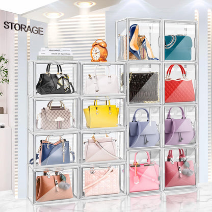 LINYAPRY 4 Packs Clear Plastic Handbag Storage, Acrylic Display Case for Purse and Handbag, Stackable Storage Boxes Bag Organizer with Magnetic Door