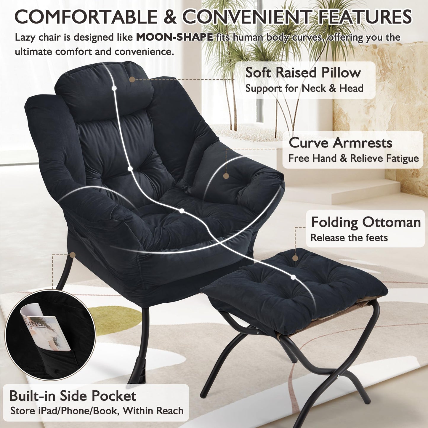 Buymoth Armchair Living Room Comfy Armchair Reading Chair with Footstool Lazy Accent Chairs Bedroom Cuddle Chairs