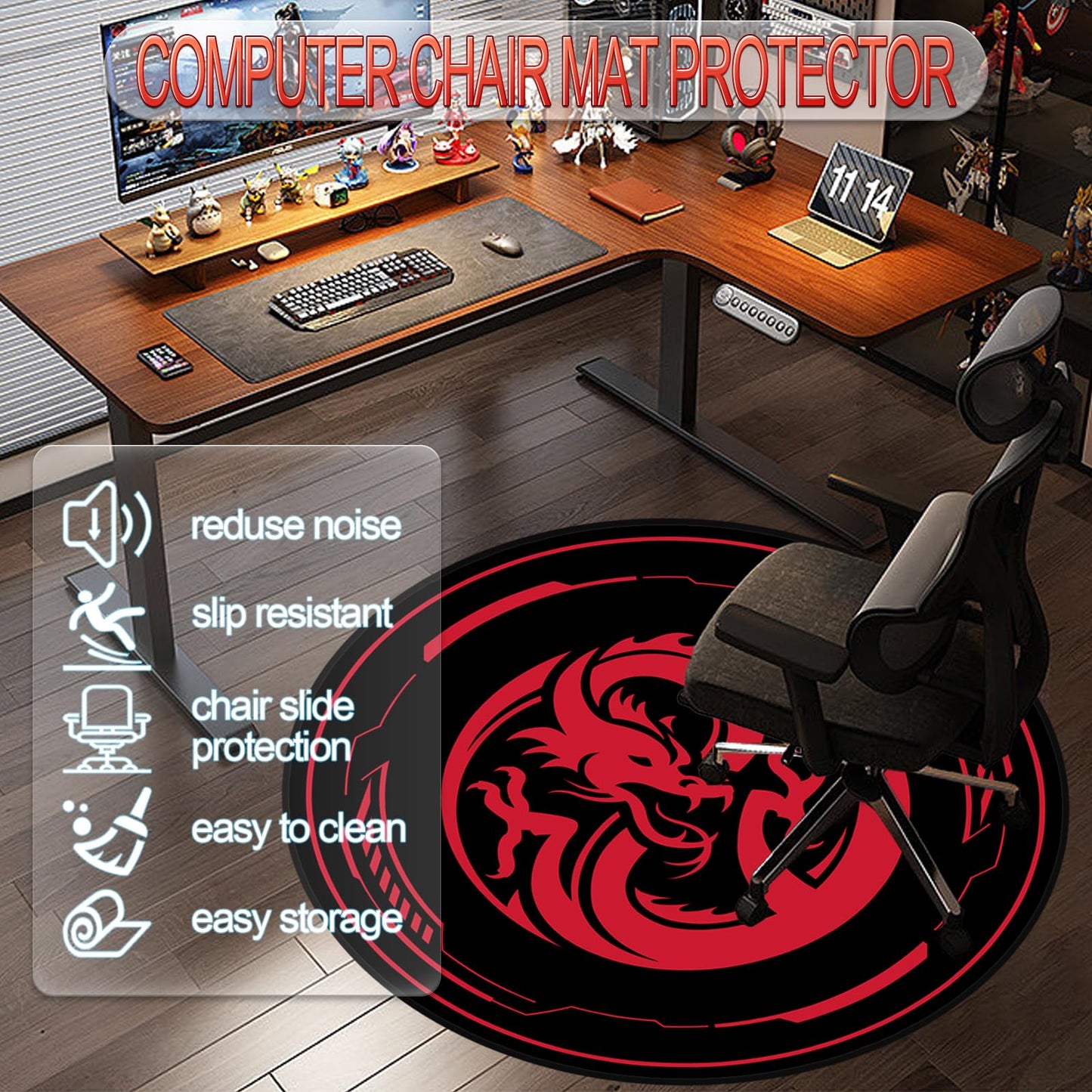 Raoot Office Chair Mat for Carpeted and Hardwood Floor Gaming Chair Mat 120 cm Round Floor Mats for Gaming Room Home Office
