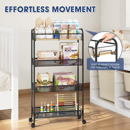 KINGRACK 4-Tier Slim Rolling Cart, Metal Utility Cart, Slide Out Storage Cart with Wooden Tabletop and Mesh Baskets for Narrow Space on Kitchen