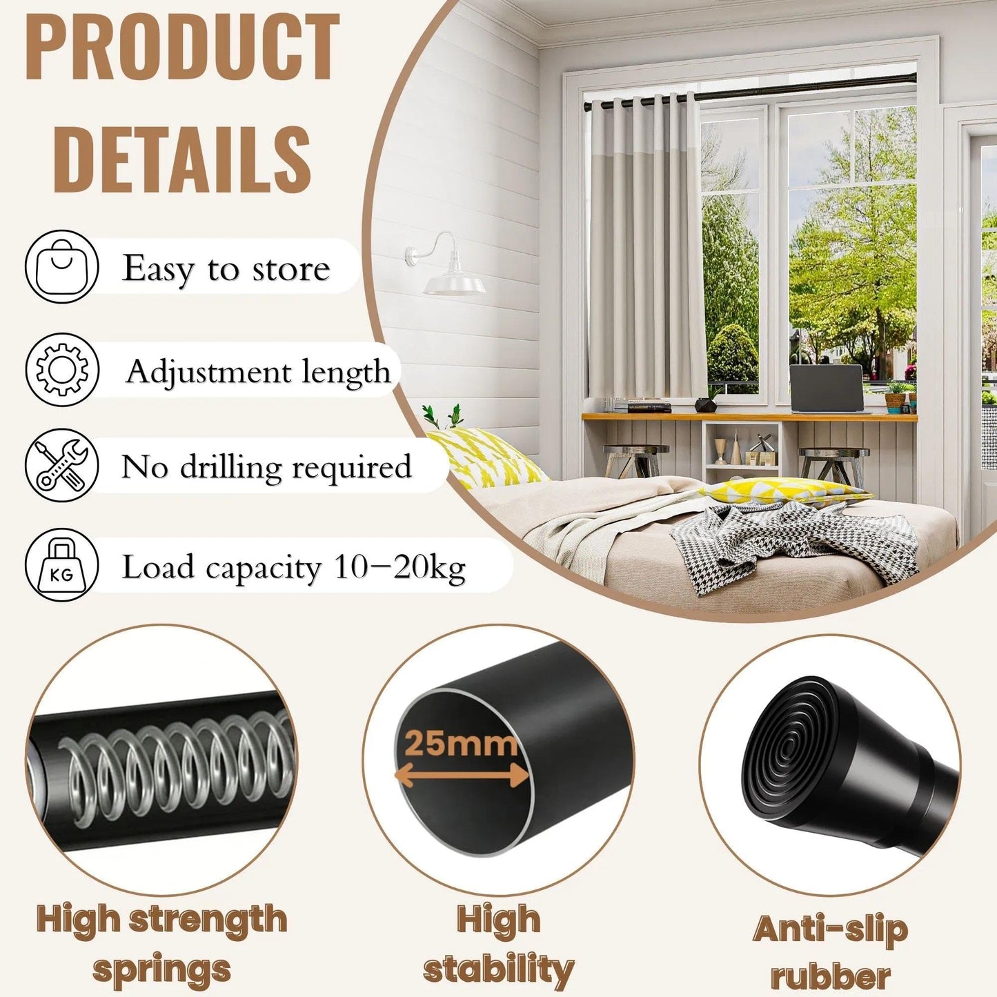 Tension Rod Shower Curtain Pole No Drilling Spring Loaded Tension Rods Adjustable Curtain Pole Extendable Wardrobe Pole For Clothes White 83-190Cm